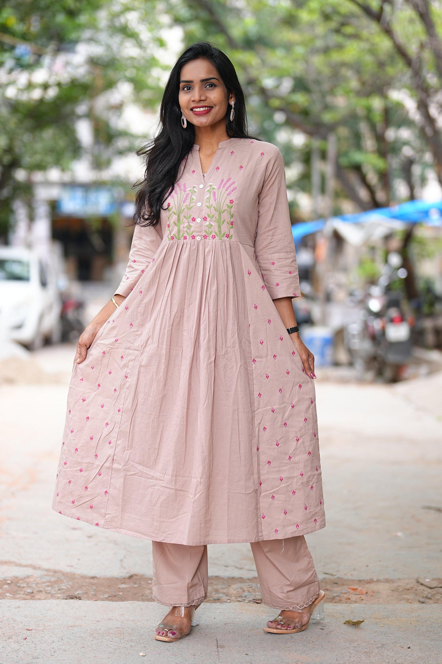 Light Brown Thread Embriodary Pure Mul Cotton Cordset With Complete Lining