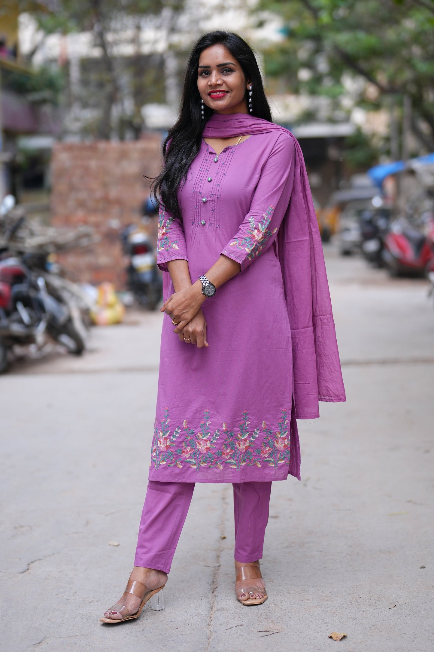Purple Color Office Wear 3 Piece Set With Embroidery Work