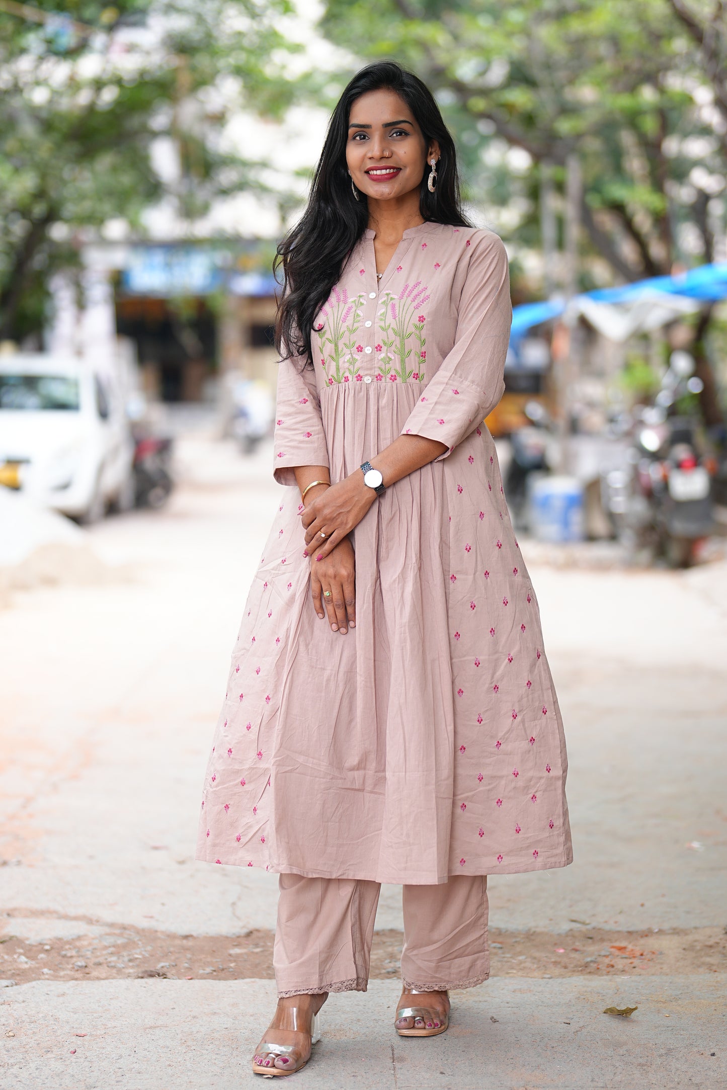 Light Brown Thread Embriodary Pure Mul Cotton Cordset With Complete Lining