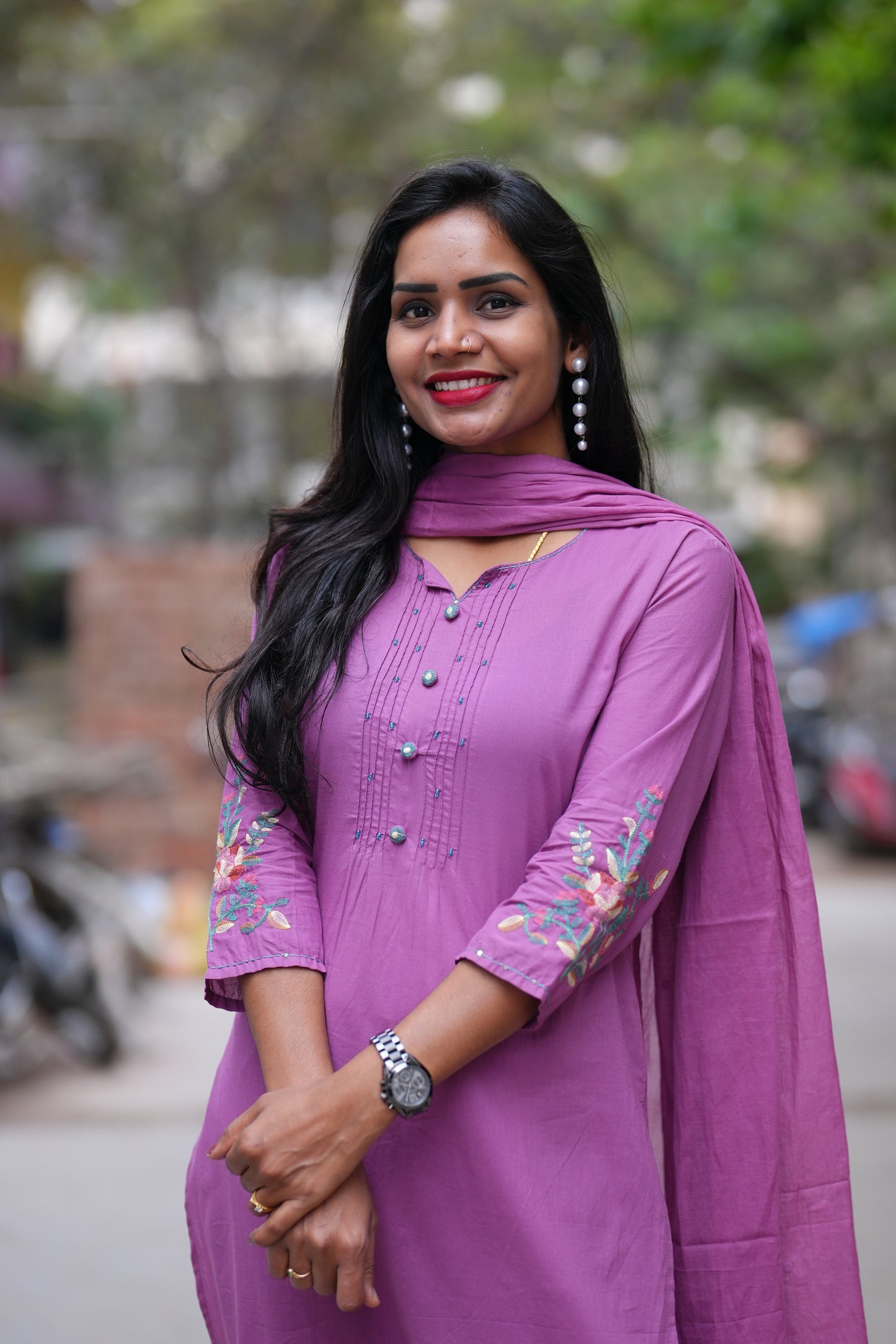 Purple Color Office Wear 3 Piece Set With Embroidery Work