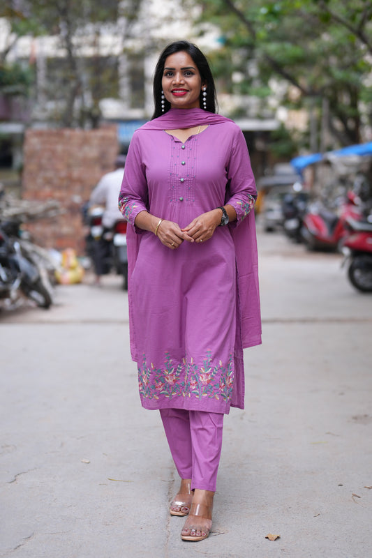 Purple Color Office Wear 3 Piece Set With Embroidery Work