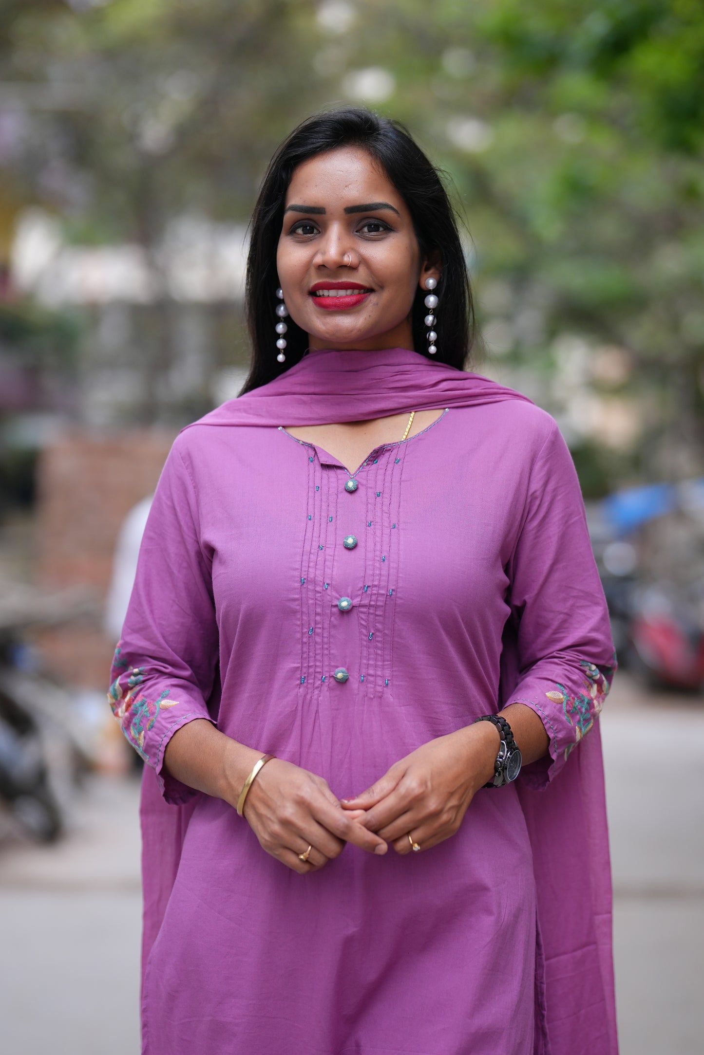 Purple Color Office Wear 3 Piece Set With Embroidery Work