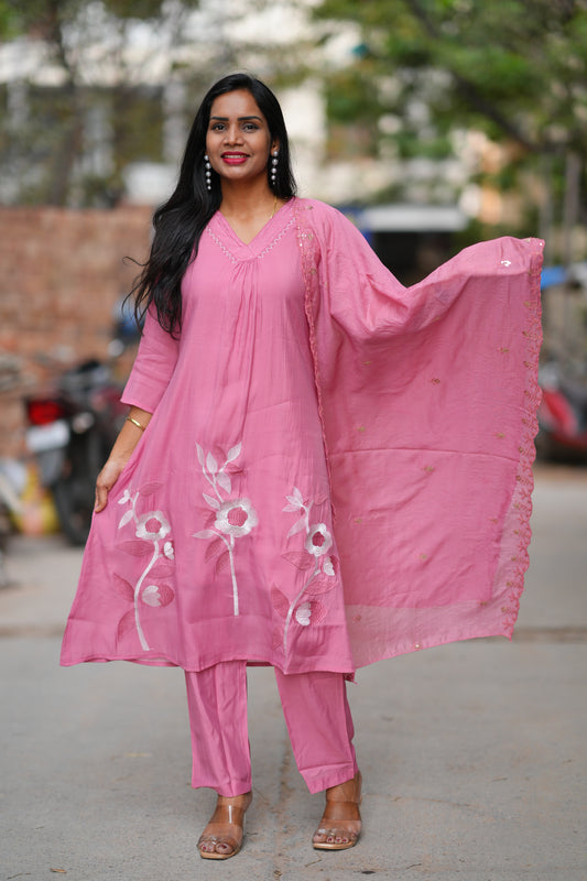 Pink Color Mul Chanderi 3 Piece set With Embroidery Work and Complete Lining