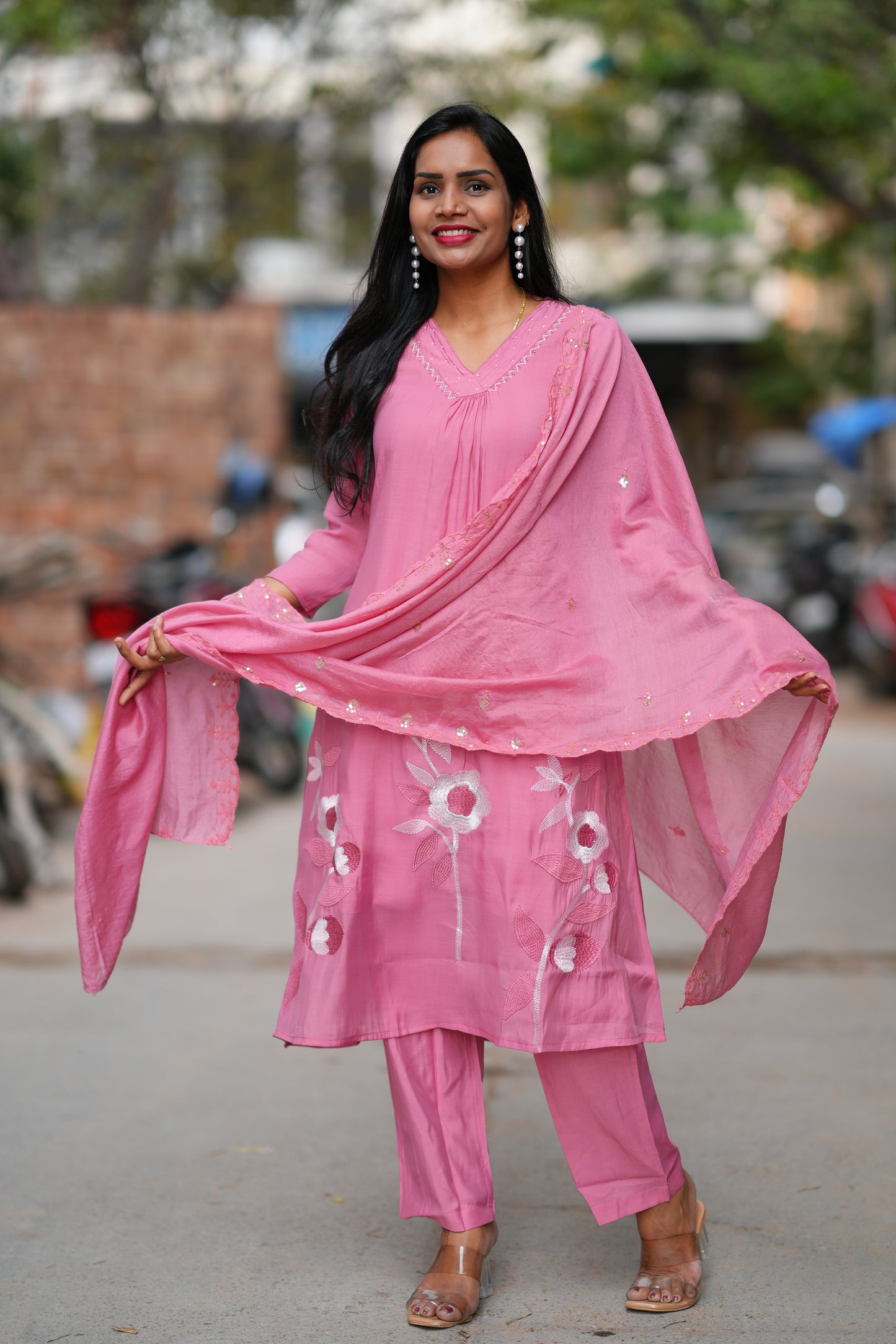 Pink Color Mul Chanderi 3 Piece set With Embroidery Work and Complete Lining