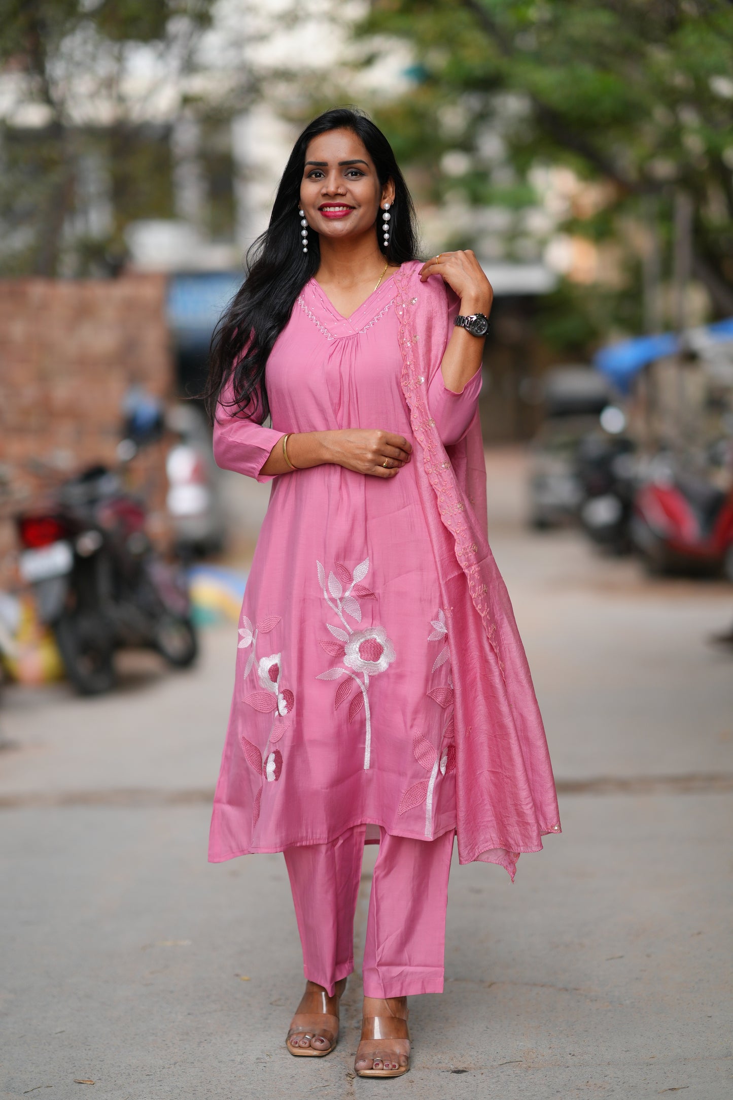 Pink Color Mul Chanderi 3 Piece set With Embroidery Work and Complete Lining
