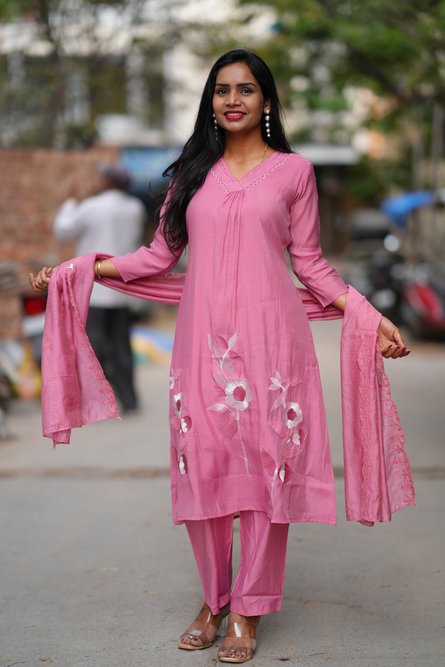 Pink Color Mul Chanderi 3 Piece set With Embroidery Work and Complete Lining