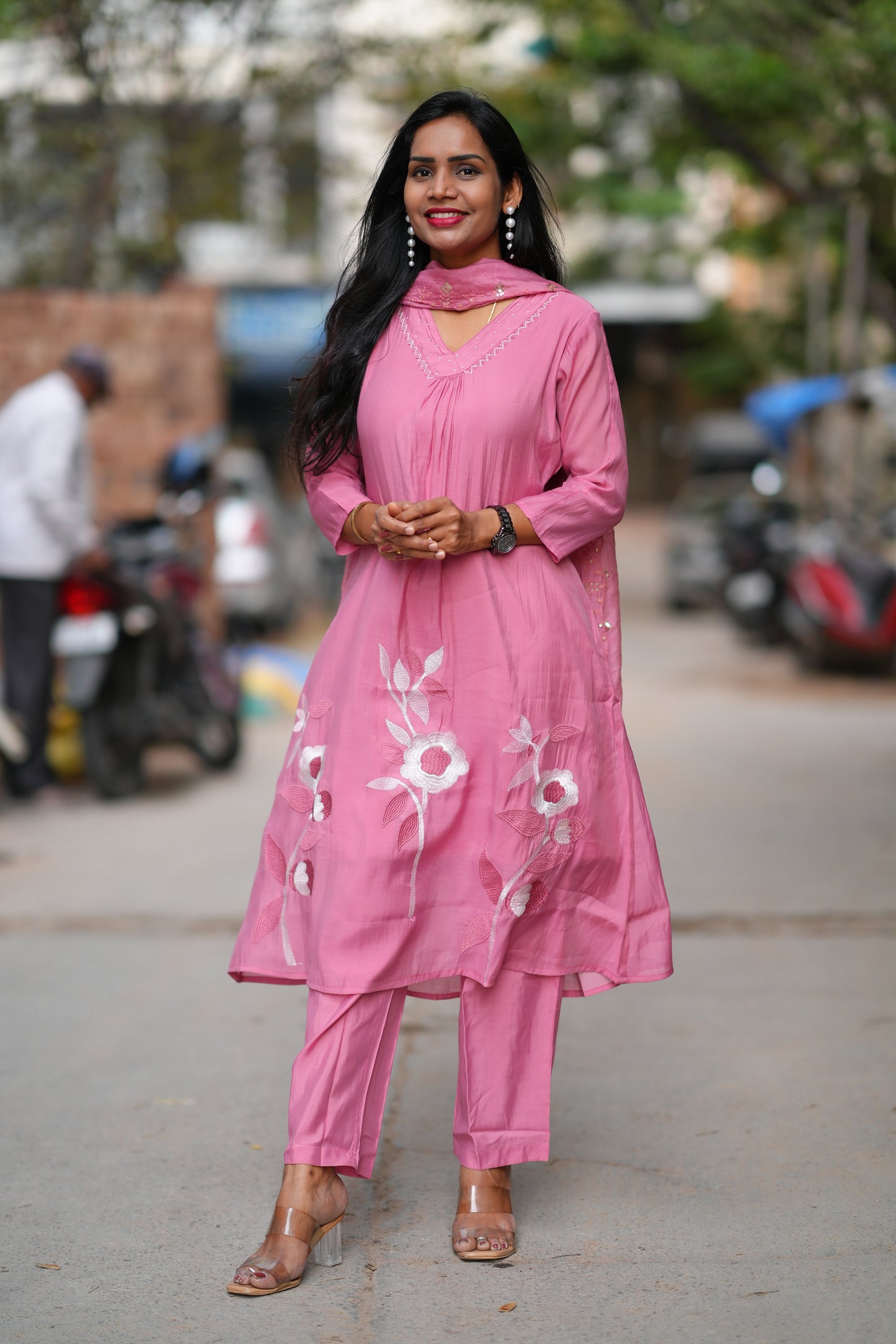 Pink Color Mul Chanderi 3 Piece set With Embroidery Work and Complete Lining
