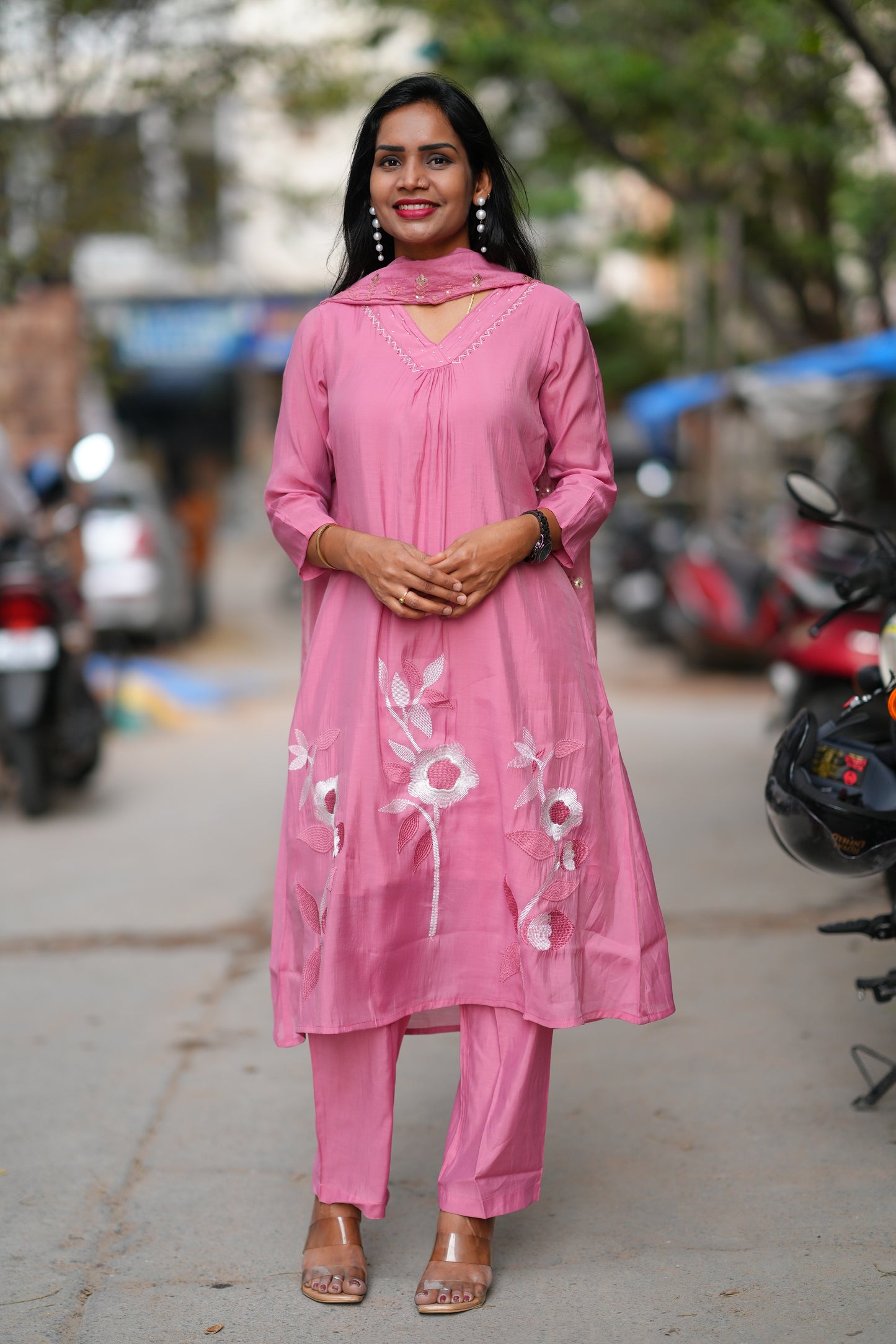 Pink Color Mul Chanderi 3 Piece set With Embroidery Work and Complete Lining