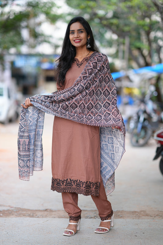 Brown Color Jaipur Cotton Office Wear 3 Piece Set With Lining and Organza Dupatta