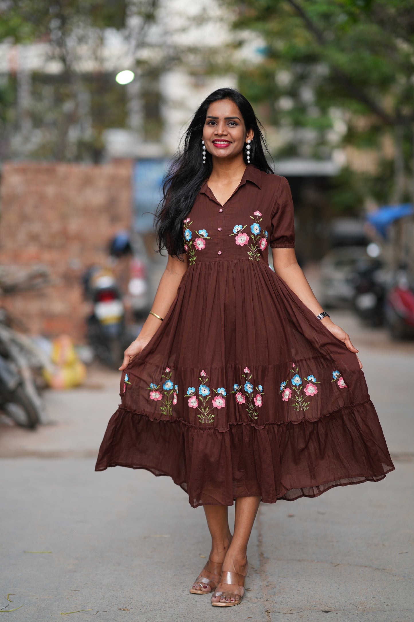 Brown Color Mul Cotton Frock With Embroidery work and complete Lining