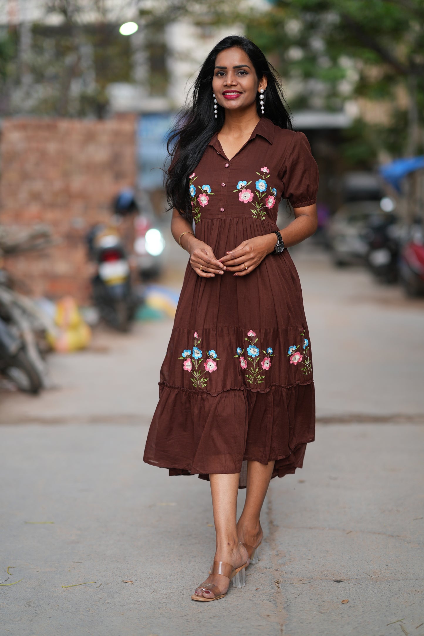 Brown Color Mul Cotton Frock With Embroidery Work and Complete Lining