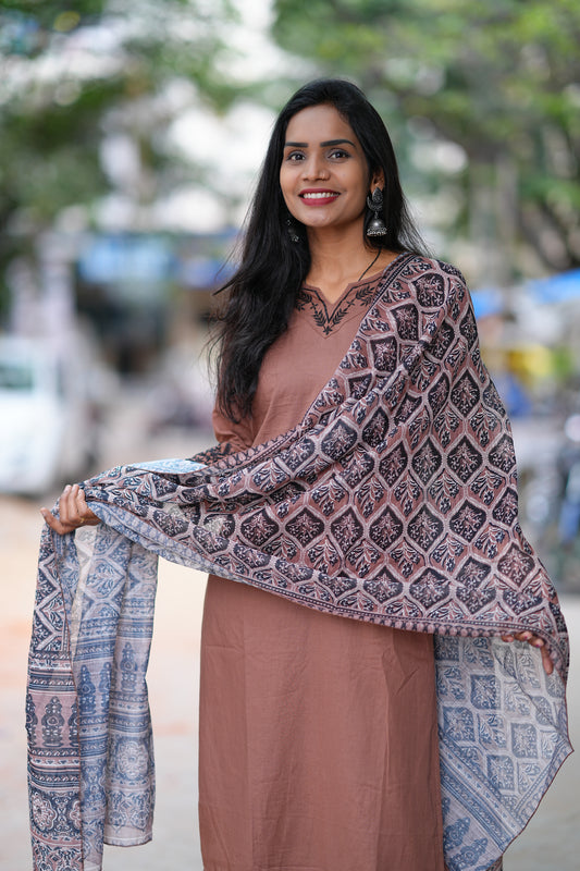 Brown Color Jaipur Cotton 3 Piece Set With Complete Lining
