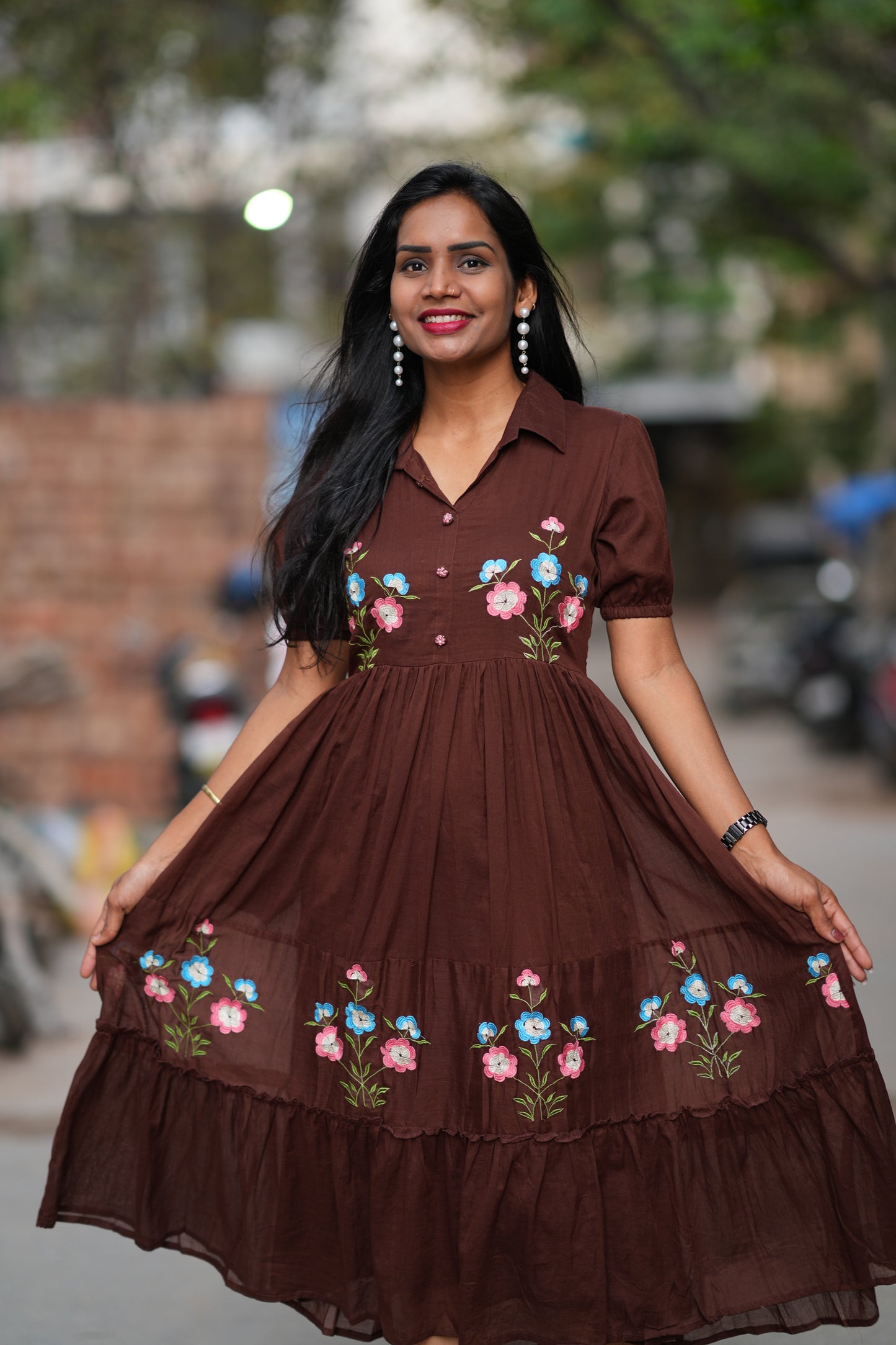 Brown Color Mul Cotton Frock With Embroidery Work and Complete Lining