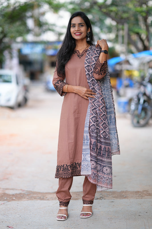 Brown Color Jaipur Cotton Office Wear Dress With Organza Dupatta and Complete Lining