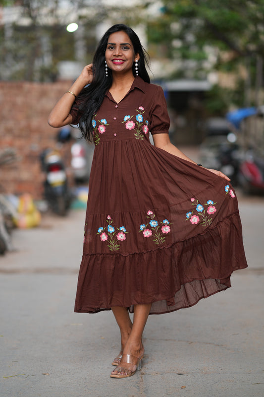 Brown Color Mul Cotton Frock With Embroidery work and complete Lining