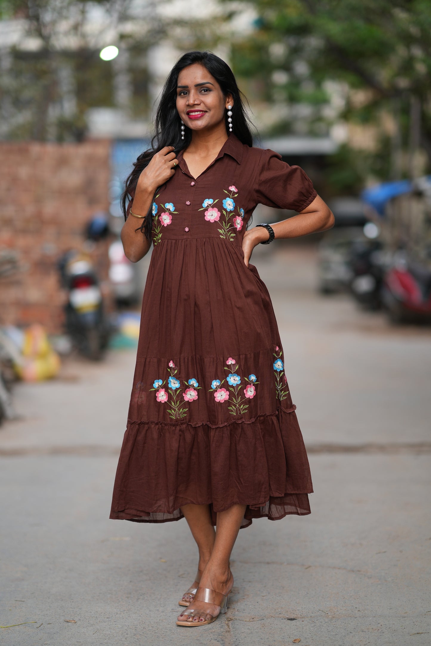 Brown Color Mul Cotton Frock With Embroidery Work and Complete Lining