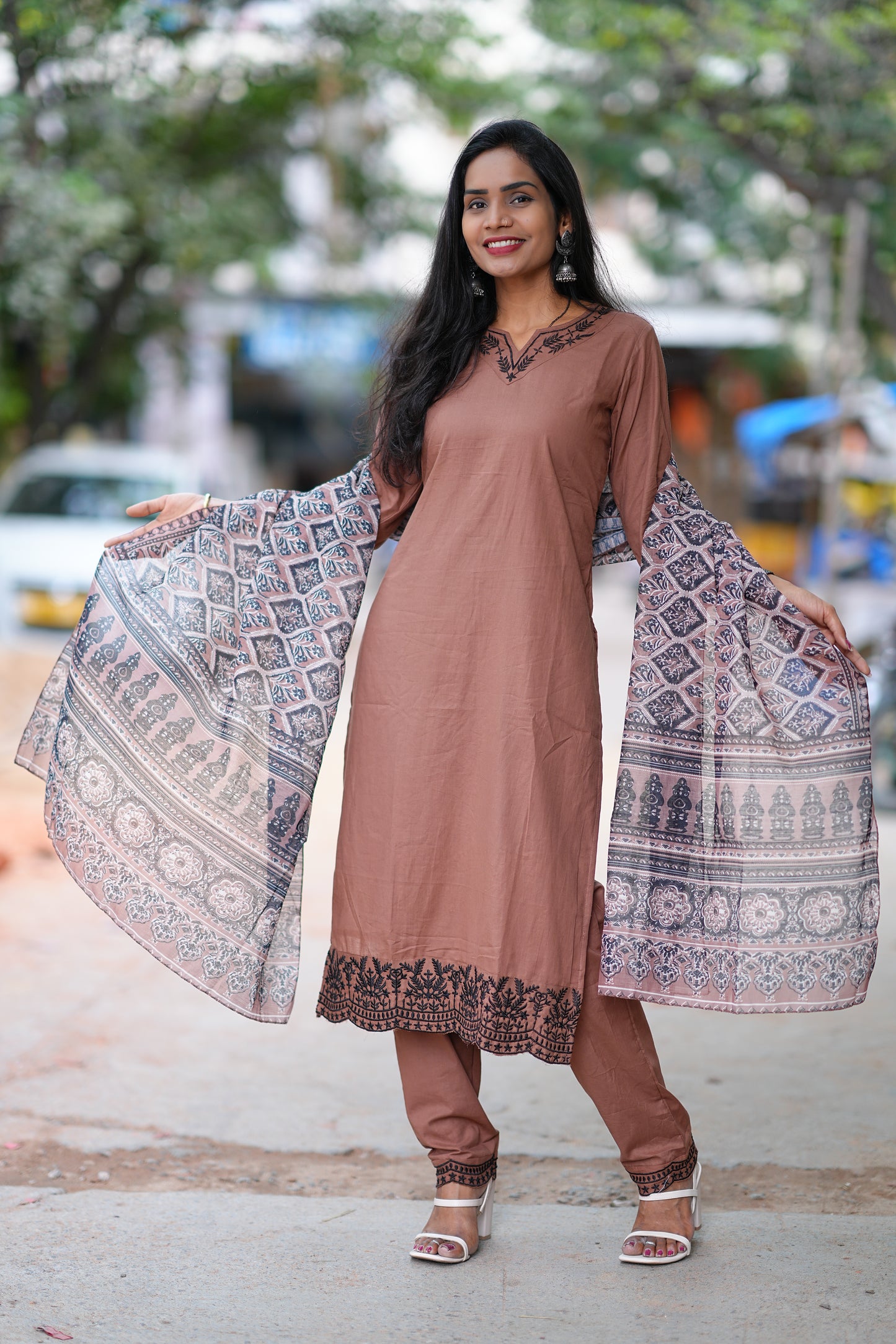 Brown Color Jaipur Cotton 3 Piece Set With Complete Lining