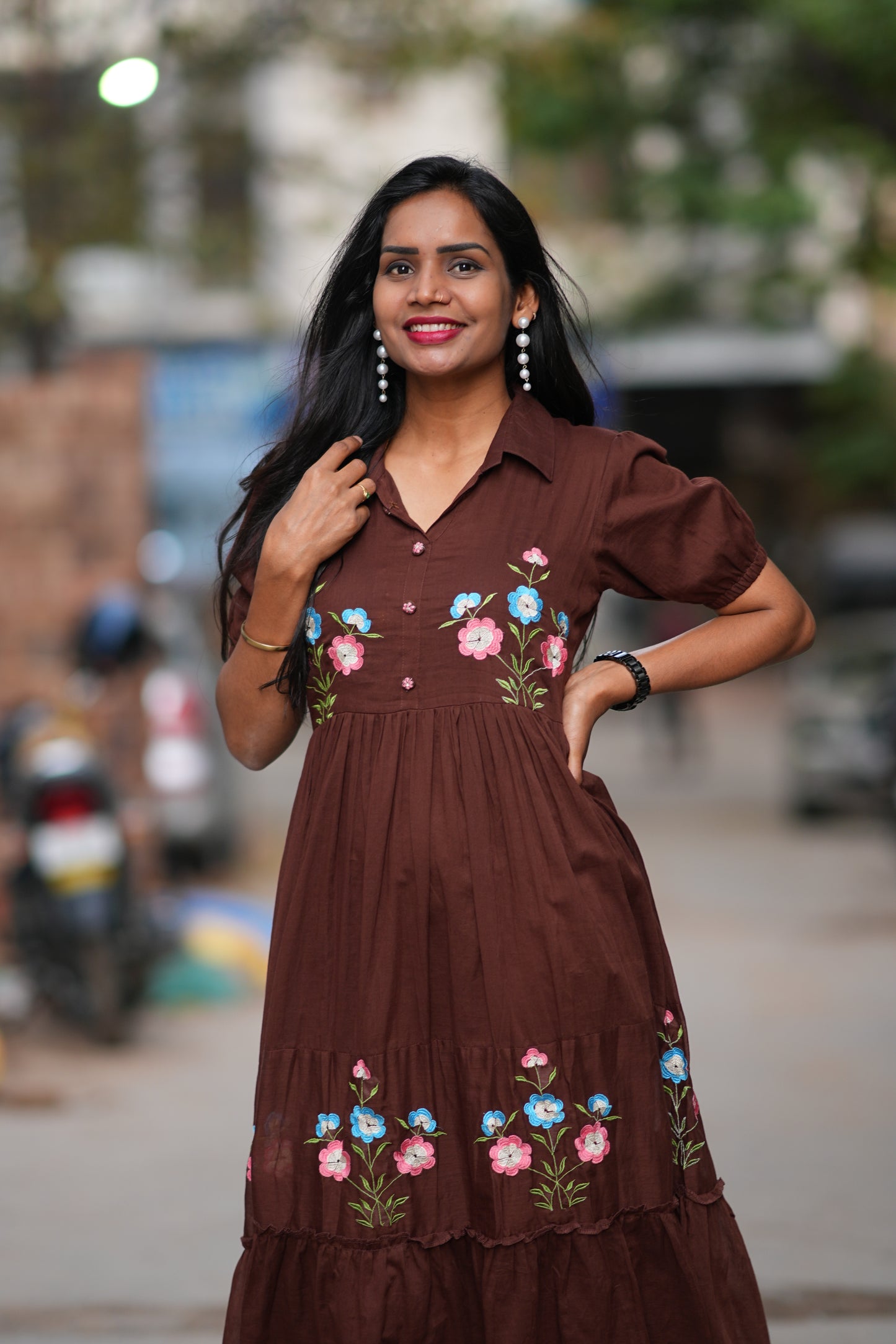 Brown Color Mul Cotton Frock With Embroidery work and complete Lining