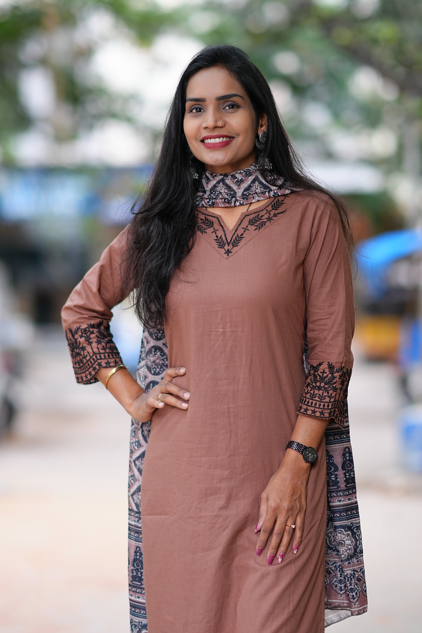 Brown Color Jaipur Cotton Office Wear Dress With Organza Dupatta and Complete Lining