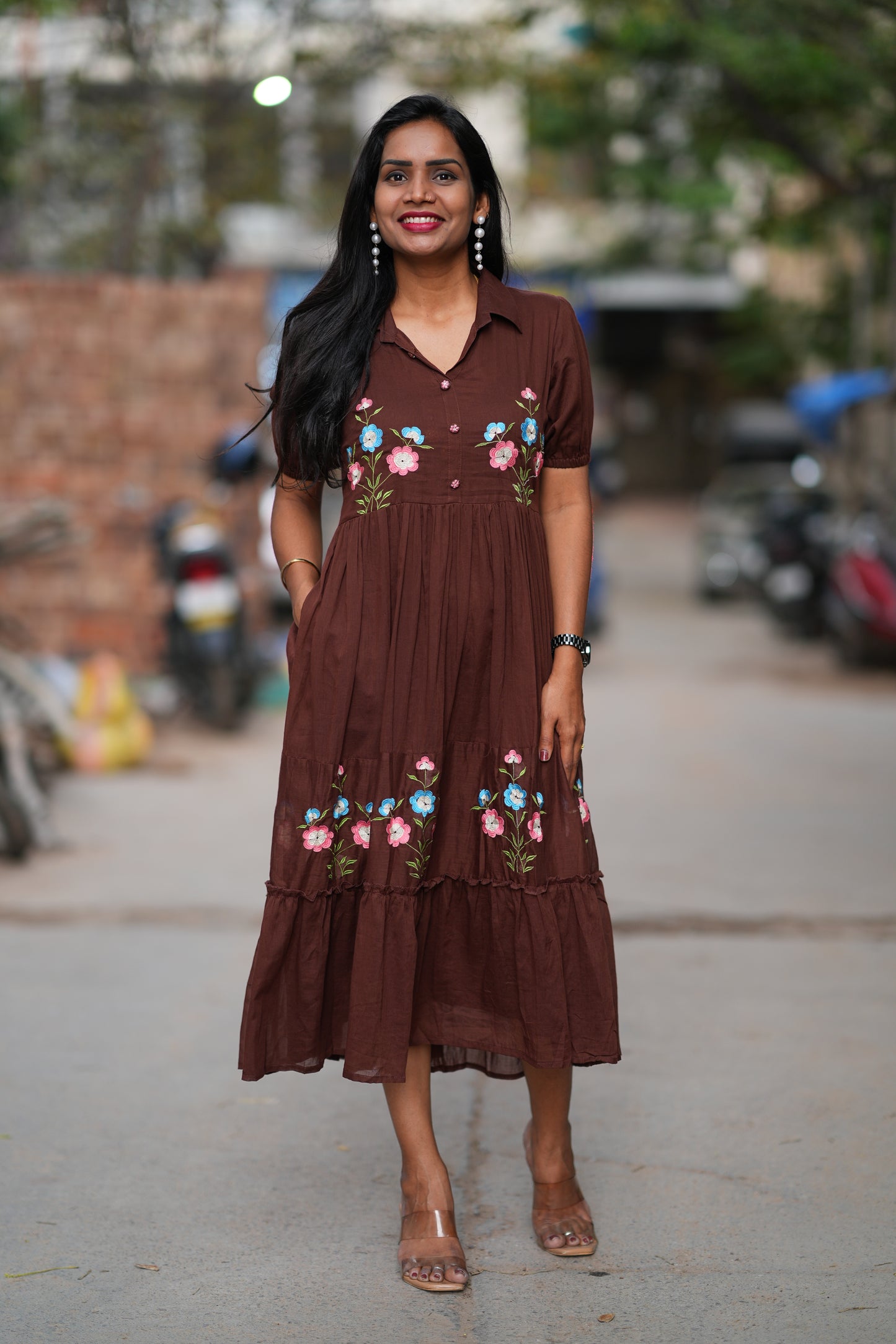 Brown Color Mul Cotton Frock With Embroidery work and complete Lining