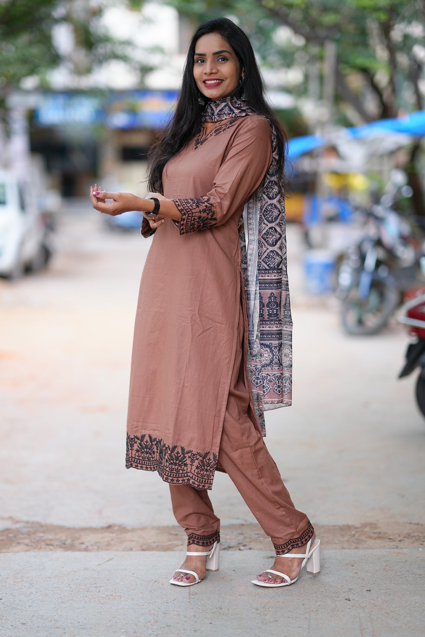 Brown Color Jaipur Cotton Office Wear Dress With Organza Dupatta and Complete Lining