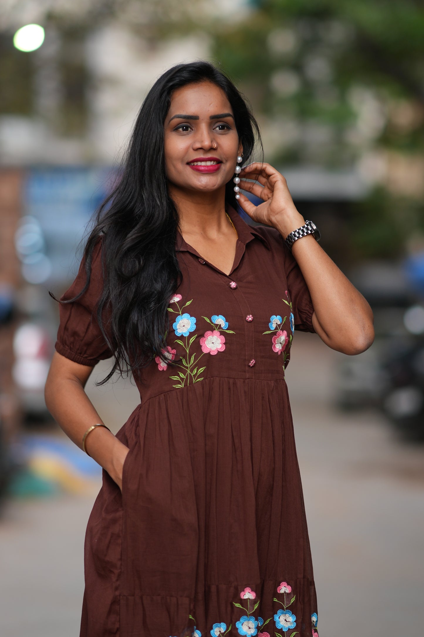 Brown Color Mul Cotton Frock With Embroidery work and complete Lining