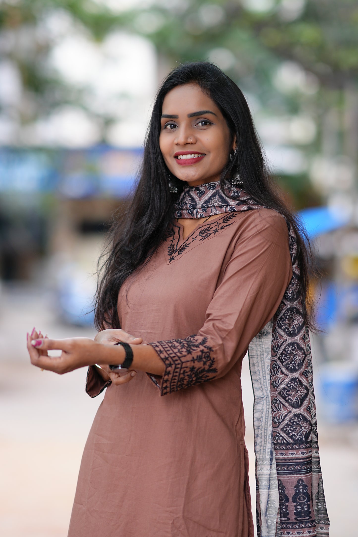 Brown Color Jaipur Cotton Office Wear Dress With Organza Dupatta and Complete Lining