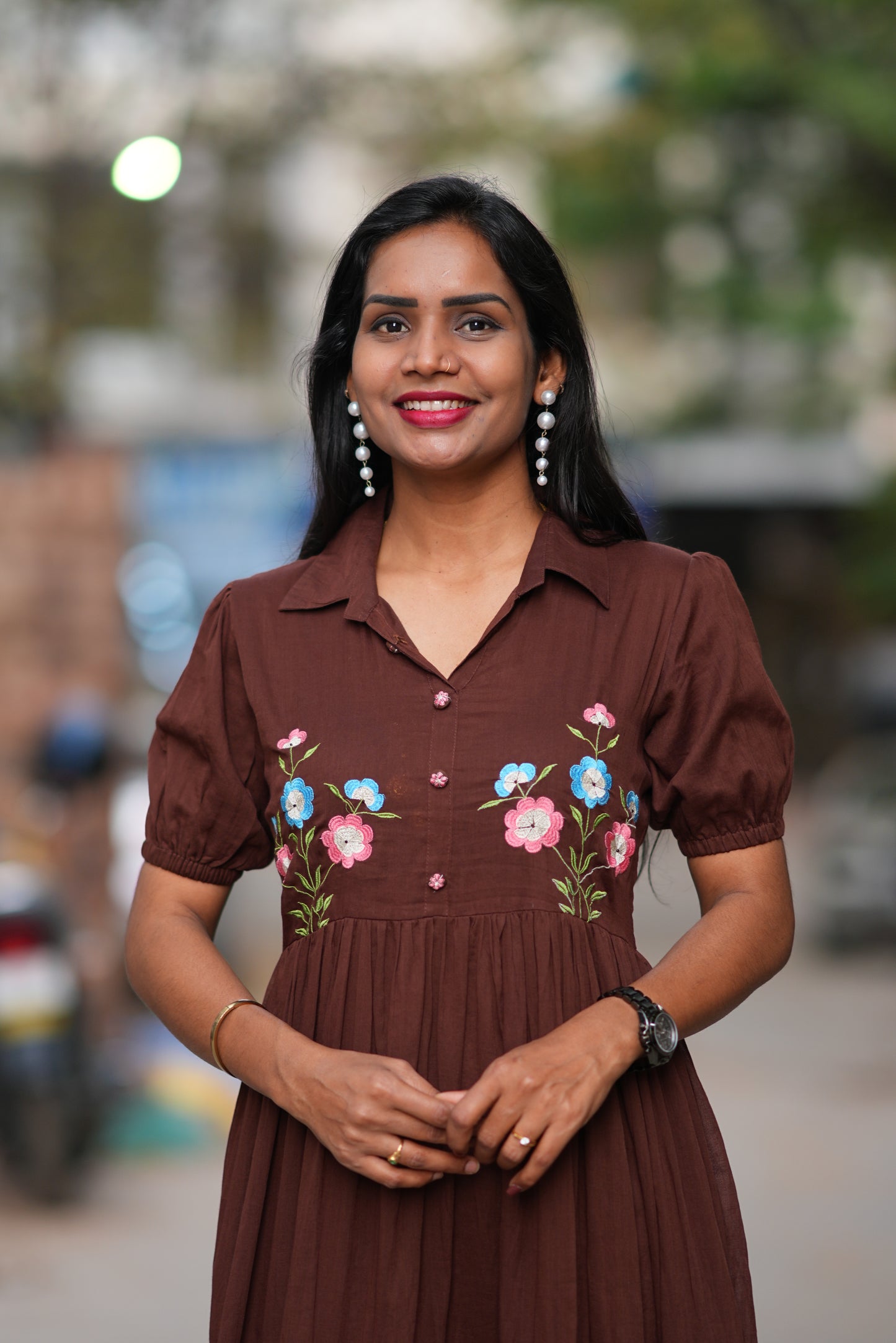 Brown Color Mul Cotton Frock With Embroidery Work and Complete Lining