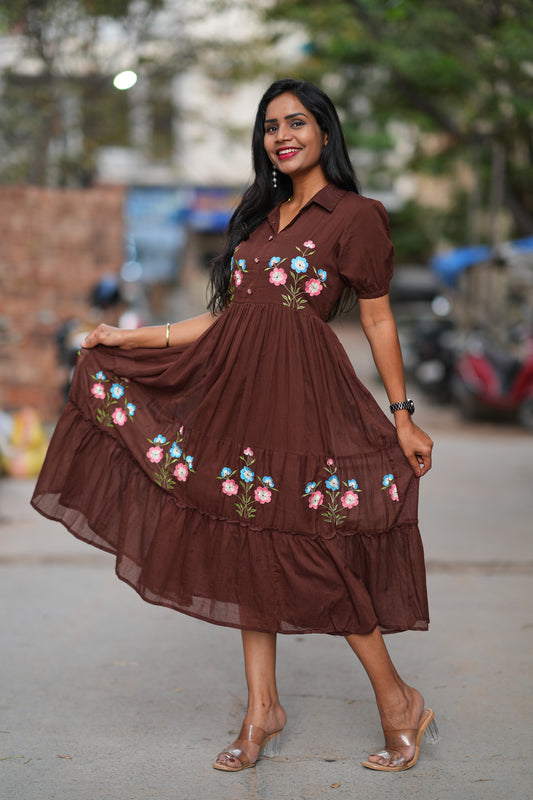 Brown Color Mul Cotton Frock With Embroidery work and complete Lining