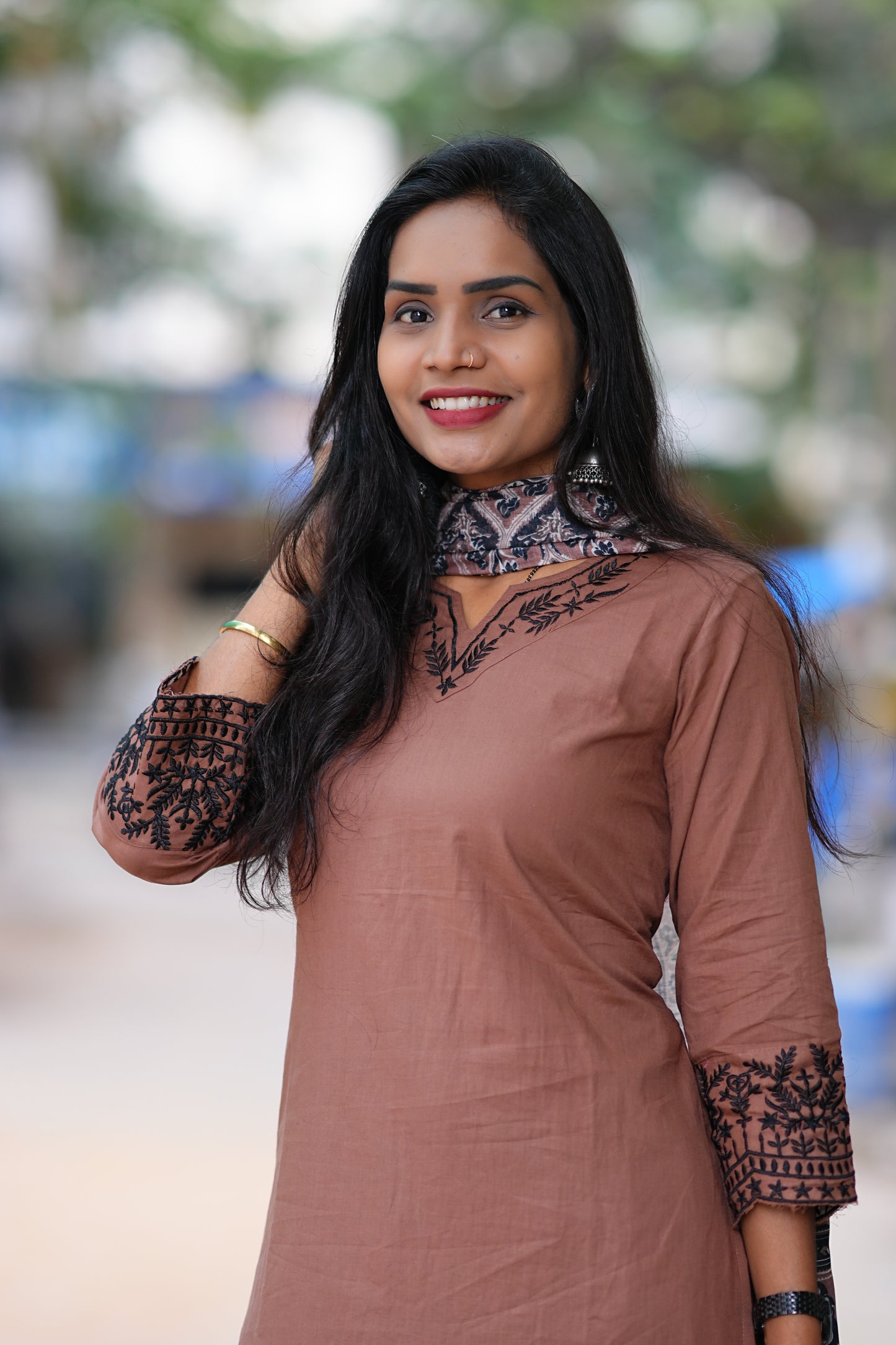 Brown Color Jaipur Cotton Office Wear 3 Piece Set With Lining and Organza Dupatta