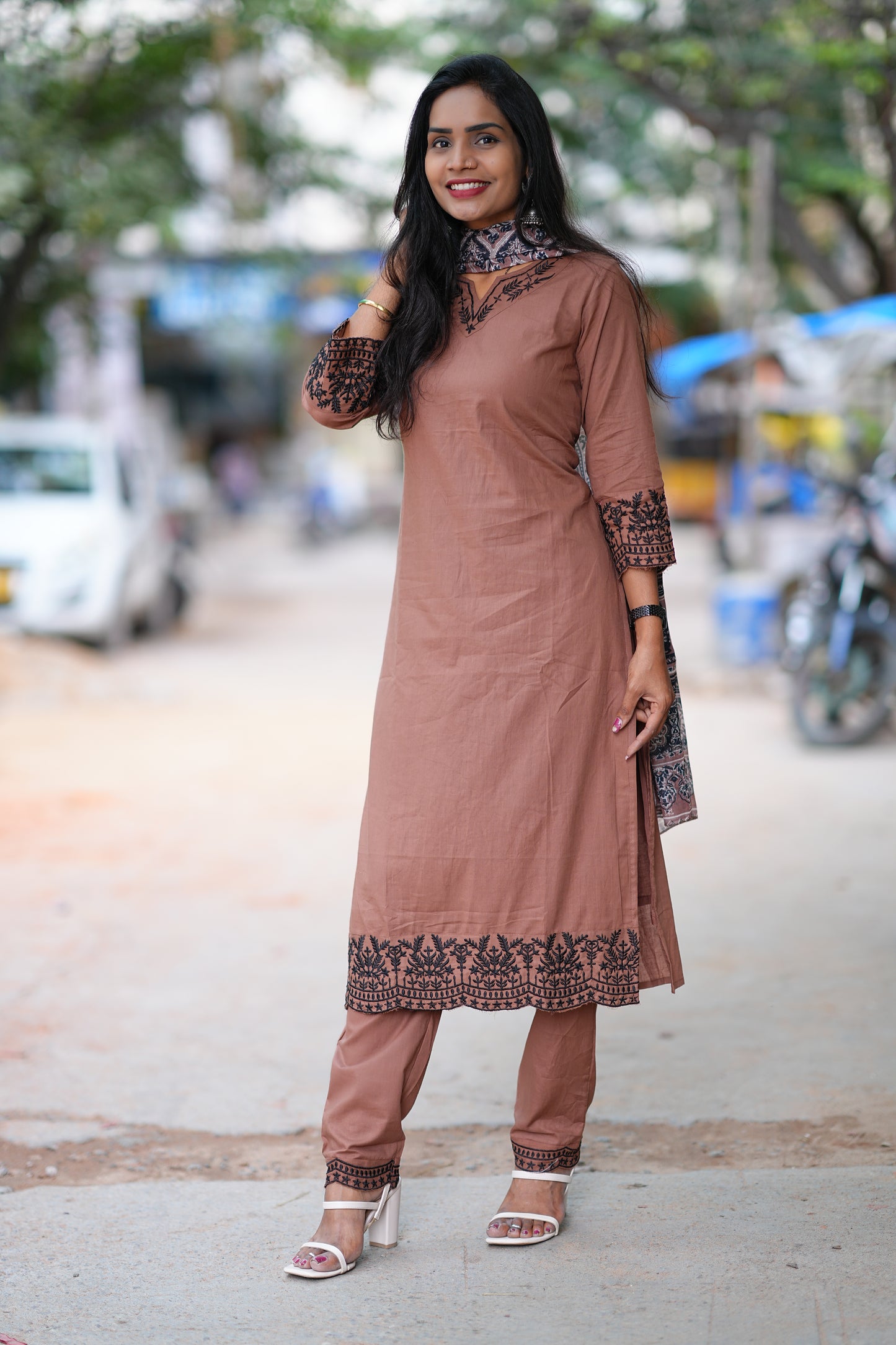 Brown Color Jaipur Cotton Office Wear 3 Piece Set With Lining and Organza Dupatta