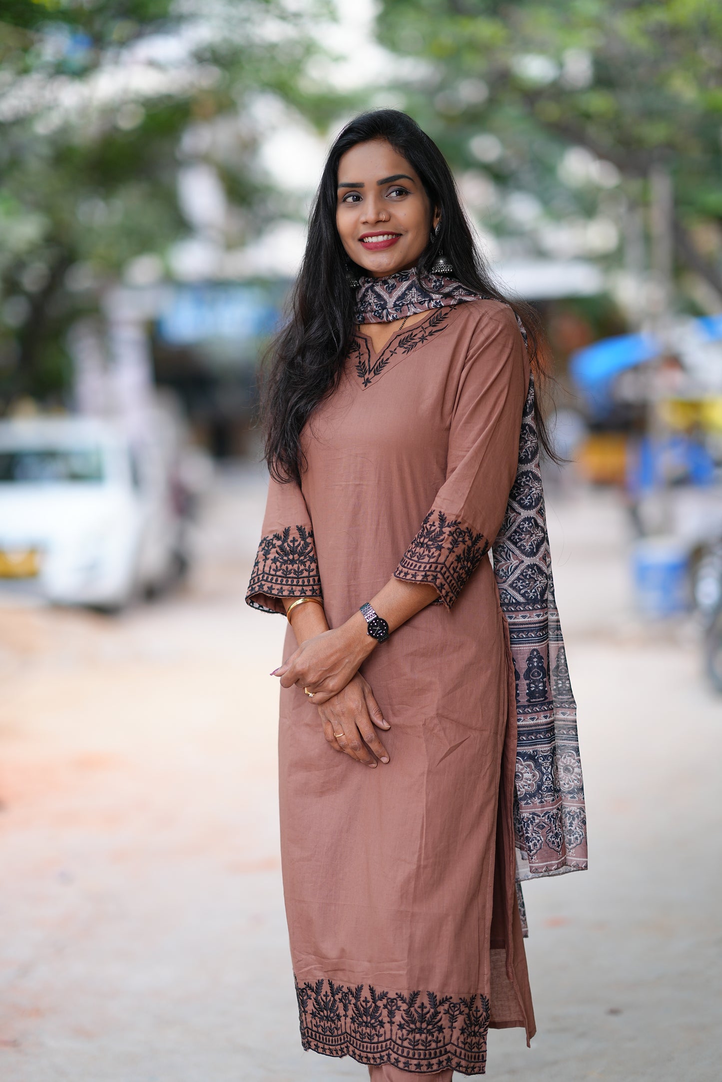 Brown Color Jaipur Cotton Office Wear Dress With Organza Dupatta and Complete Lining