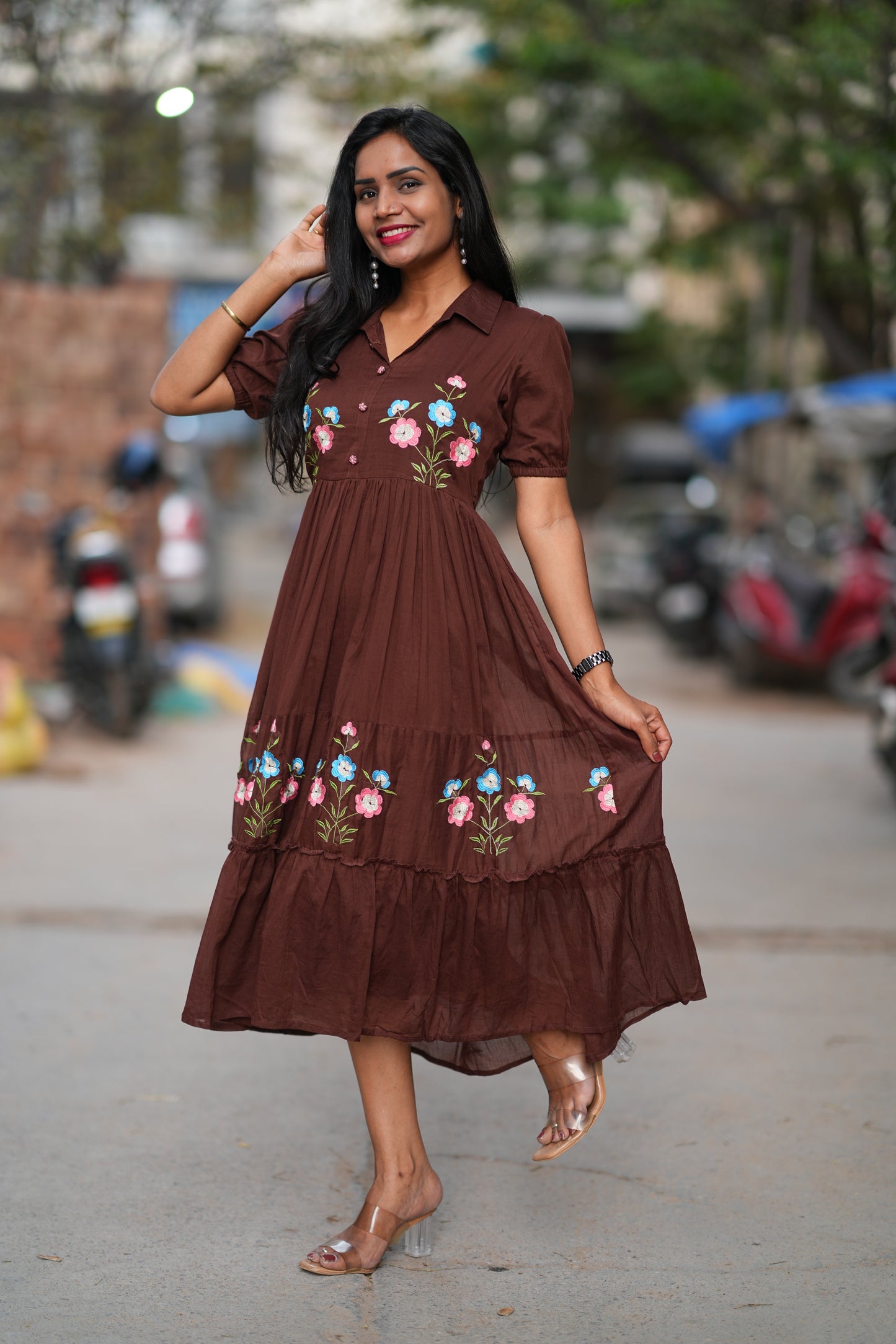 Brown Color Mul Cotton Frock With Embroidery work and complete Lining