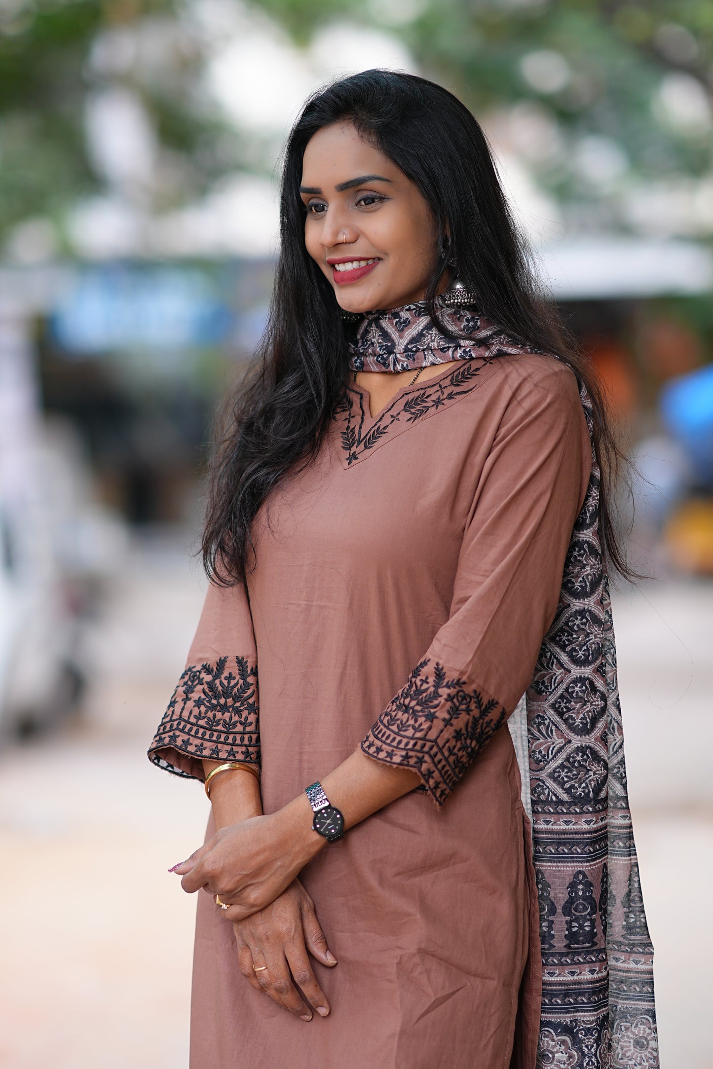 Brown Color Jaipur Cotton Office Wear 3 Piece Set With Lining and Organza Dupatta