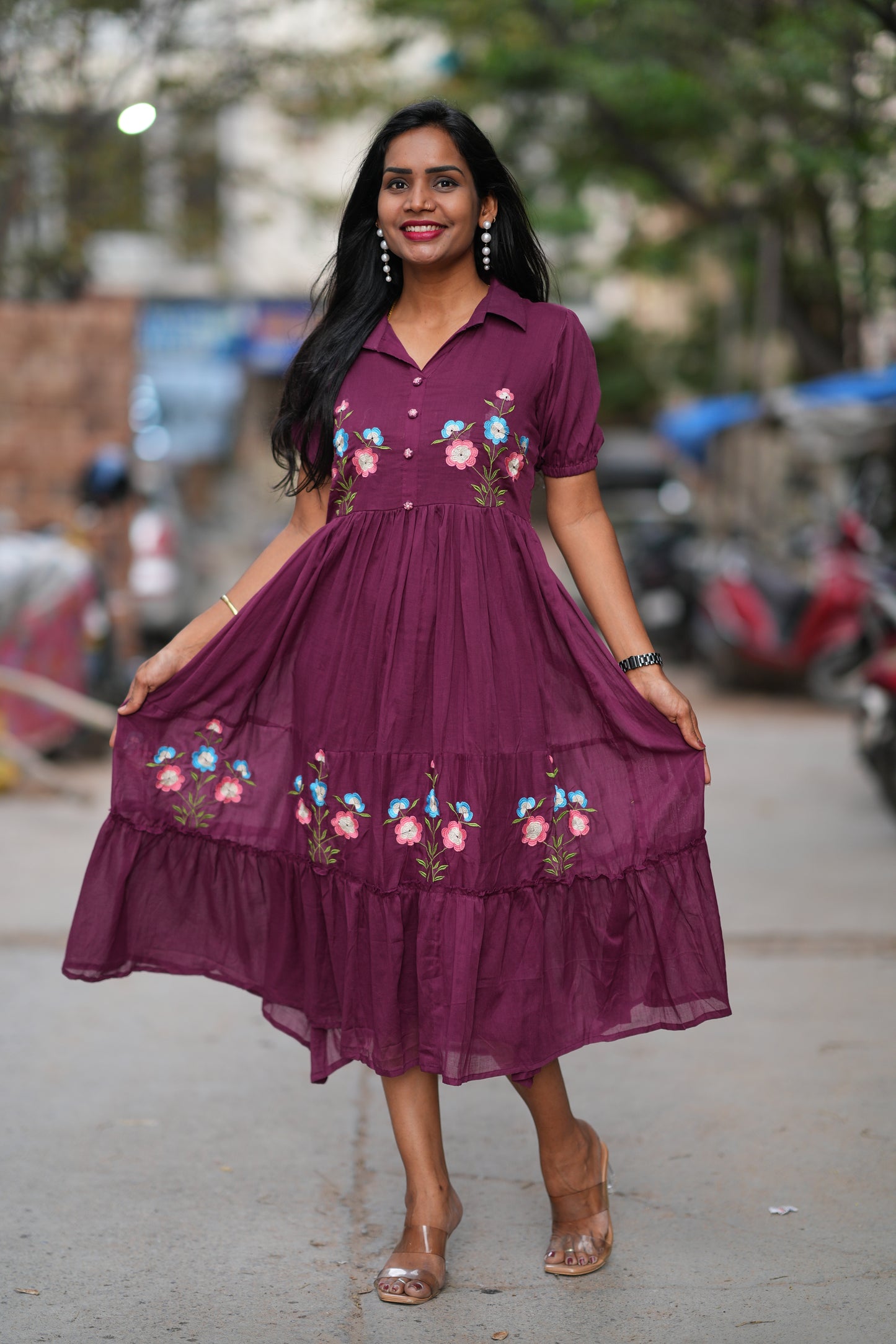 Burgundy Color Mul cotton Frock With Embroidery work and full lining