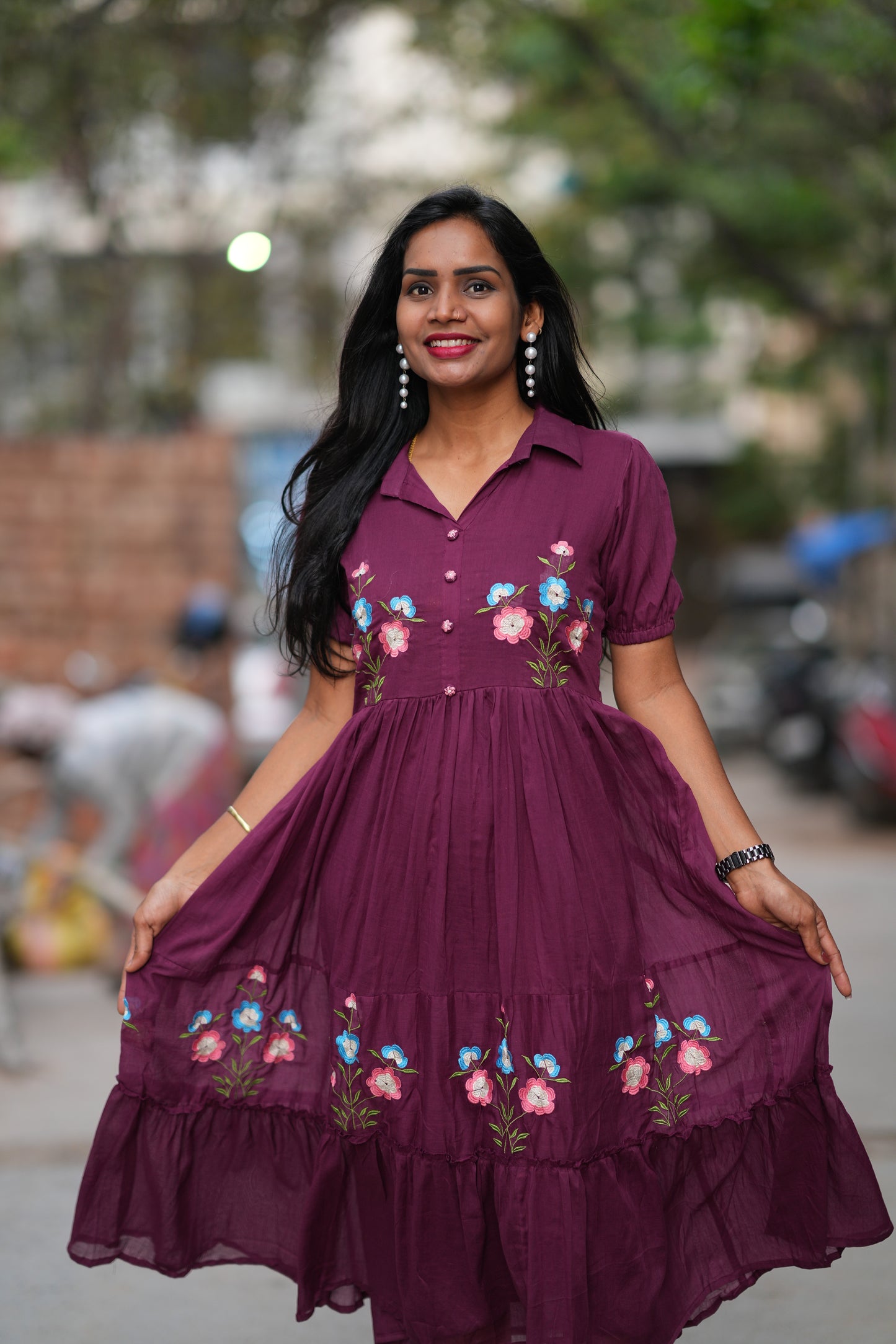 Burgundy Color Mul cotton Frock With Embroidery work and full lining