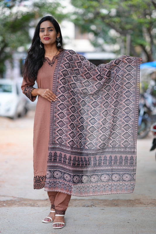 Brown Color Jaipur Cotton Office Wear 3 Piece Set With Lining and Organza Dupatta