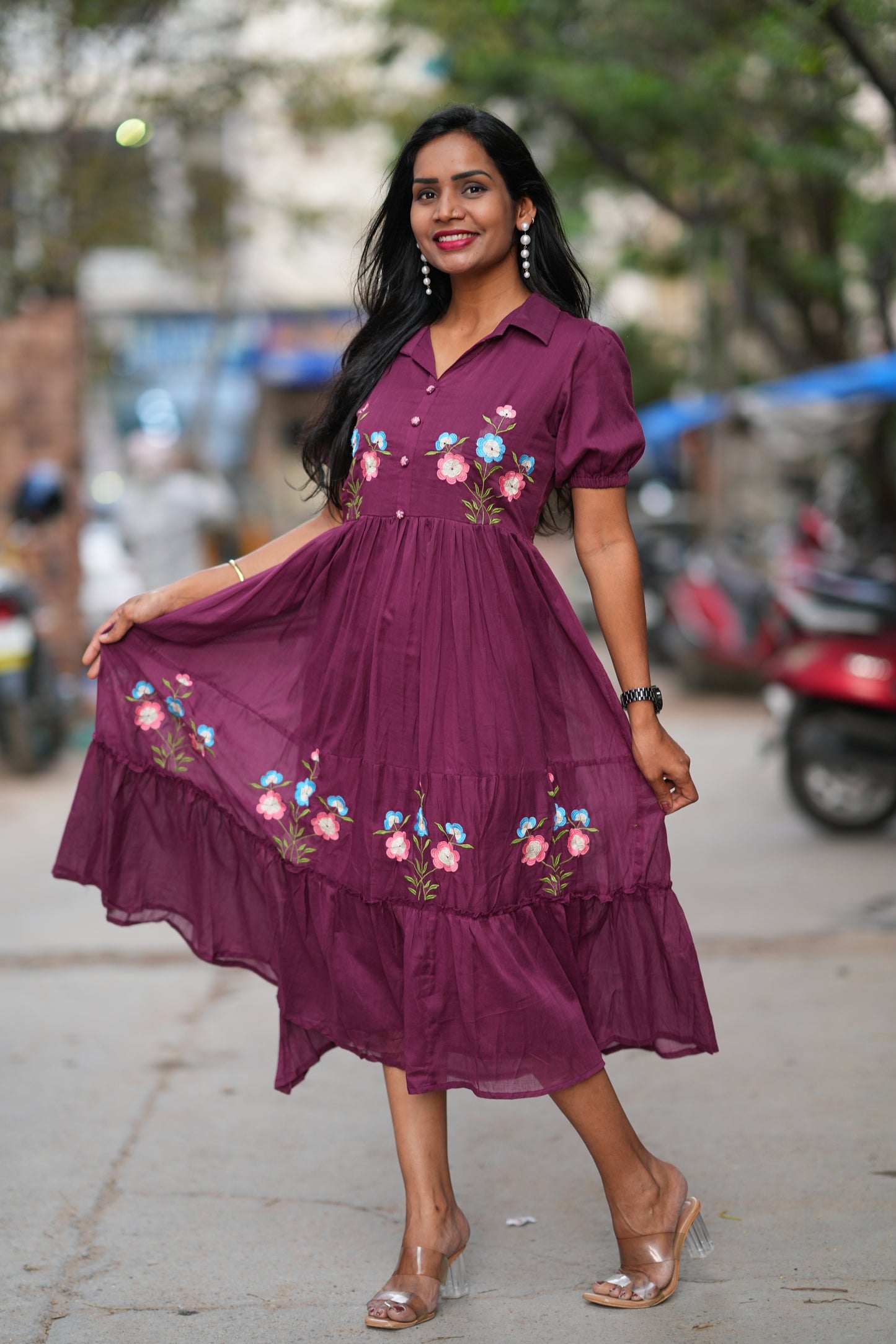 Burgundy Color Mul cotton Frock With Embroidery work and full lining