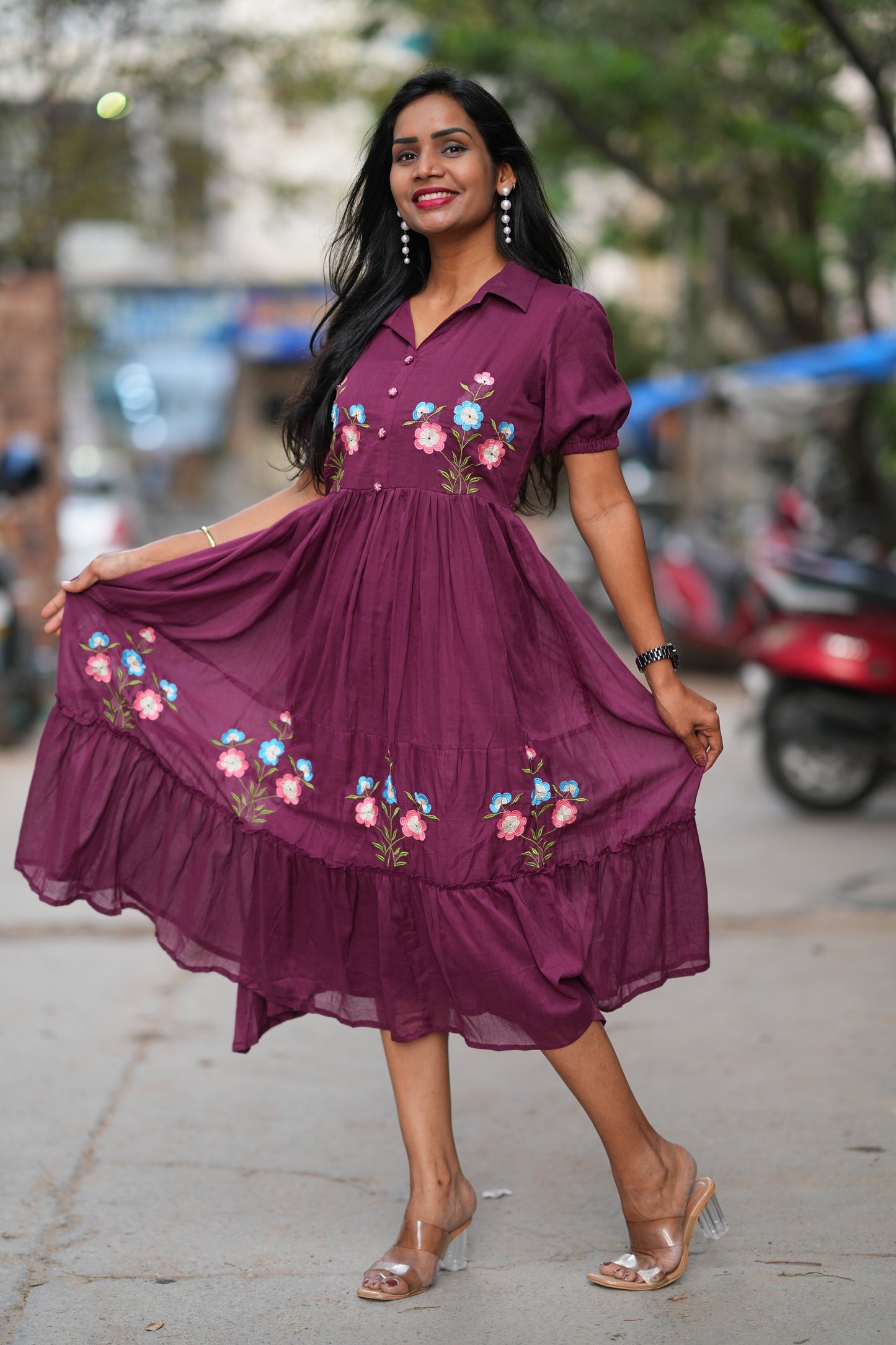 Burgundy Color Mul cotton Frock With Embroidery work and full lining
