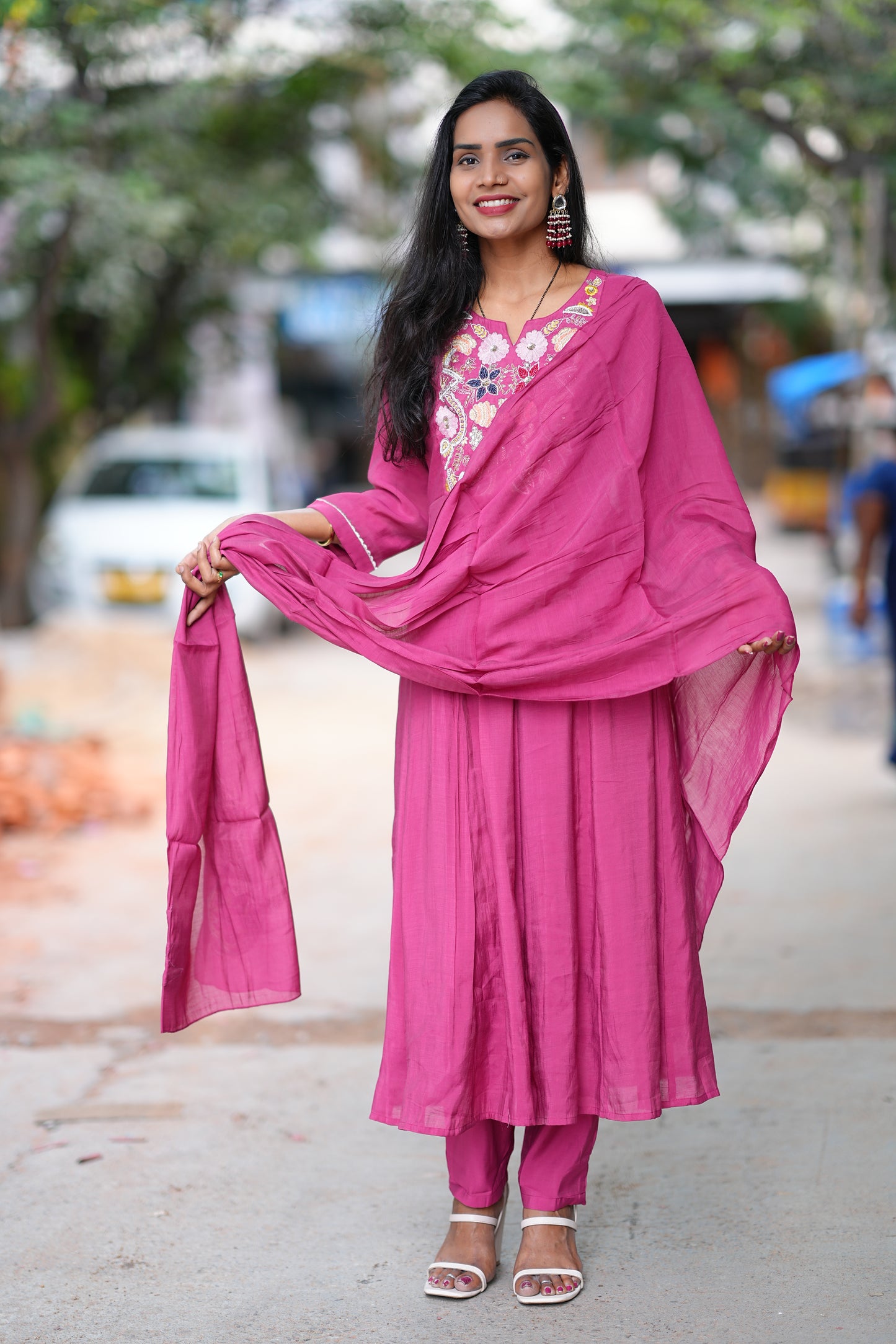 Onion Pink Mul Chanderi 3 Piece Set With Lining Lining