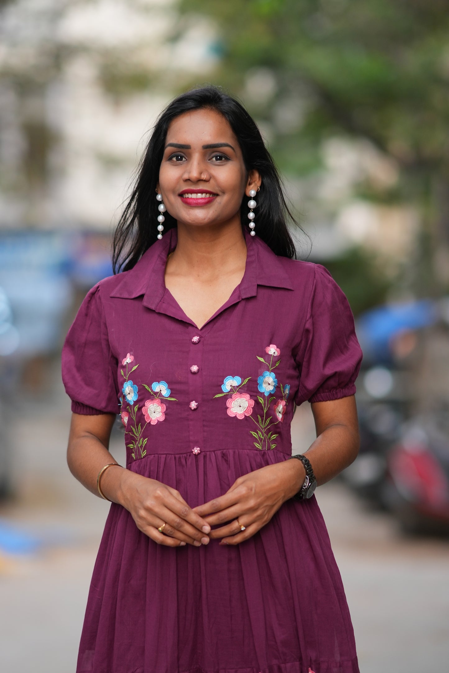 Burgundy Color Mul cotton Frock With Embroidery work and full lining