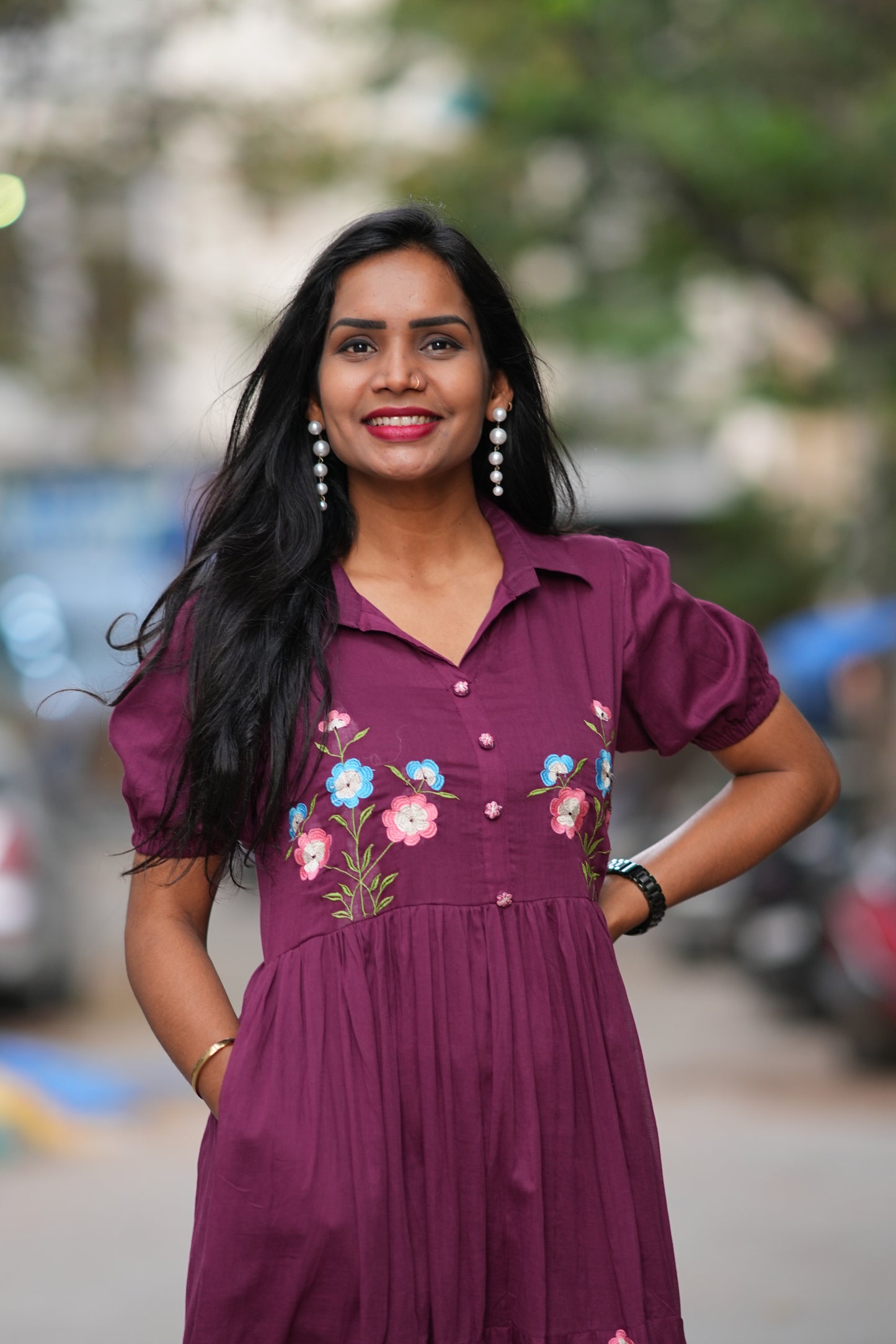 Burgundy Color Mul cotton Frock With Embroidery work and full lining