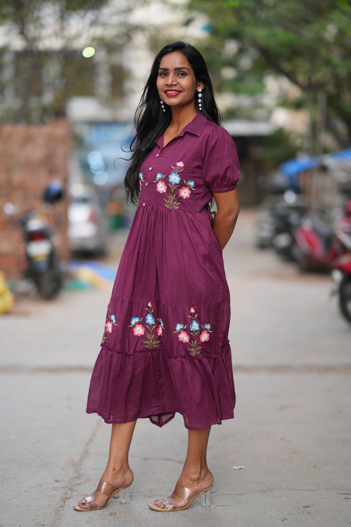 Burgundy Color Mul cotton Frock With Embroidery work and full lining