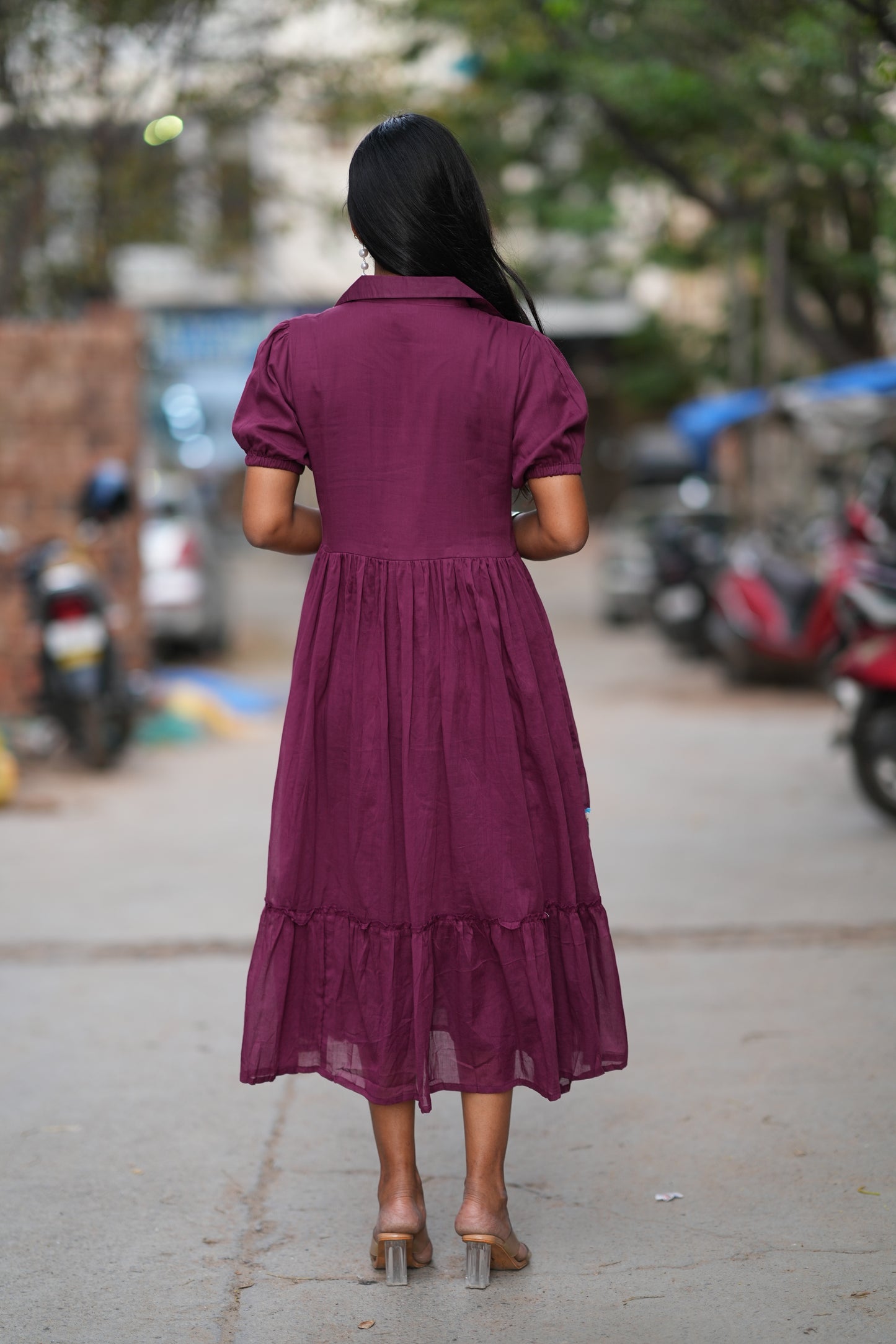 Burgundy Color Mul cotton Frock With Embroidery work and full lining