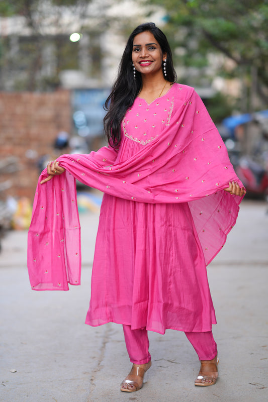 Pink Color Mul Chanderi 3 Piece Set With Gota Patti Work