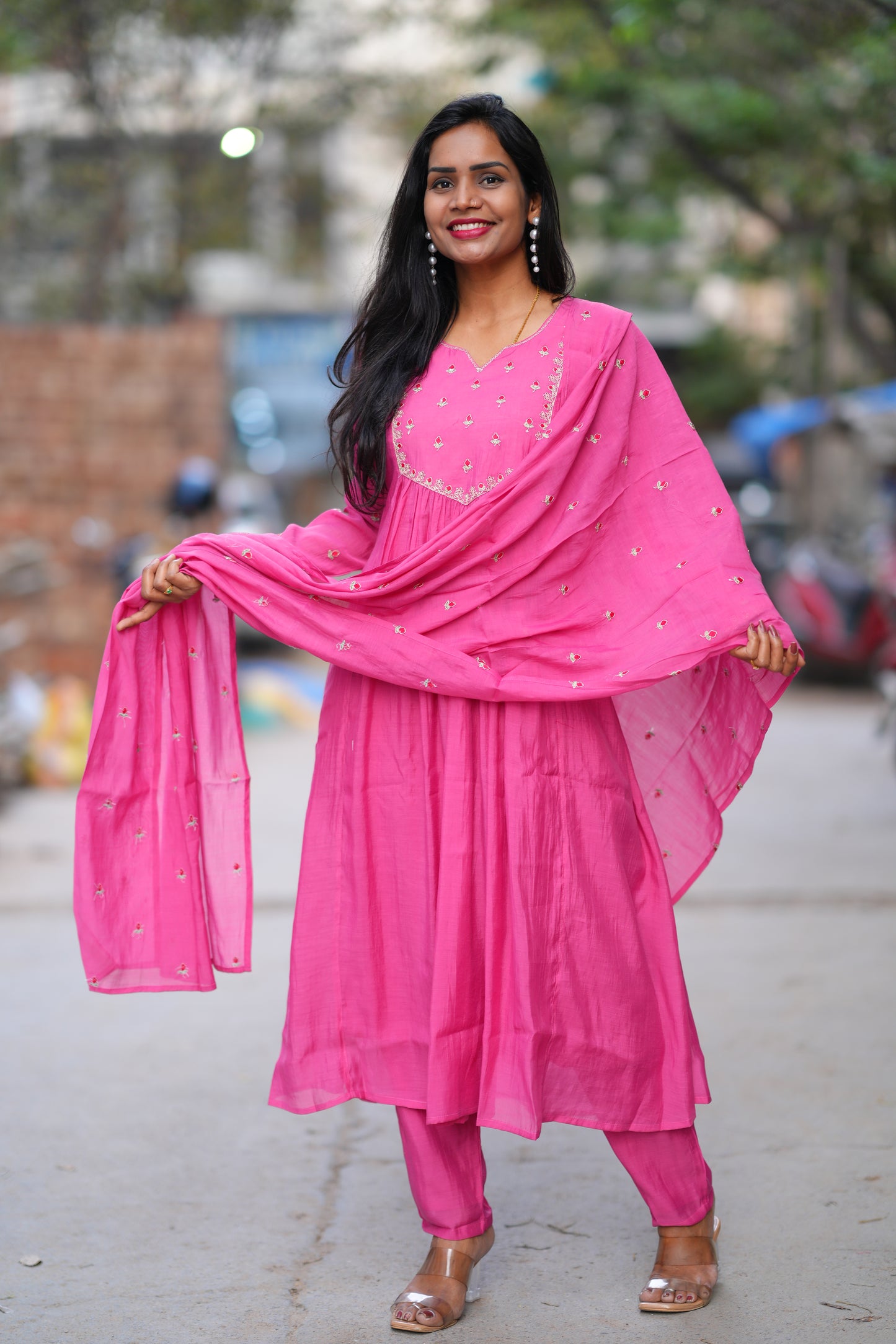Pink Color Mul Chanderi 3 Piece Set With Gota Patti Work