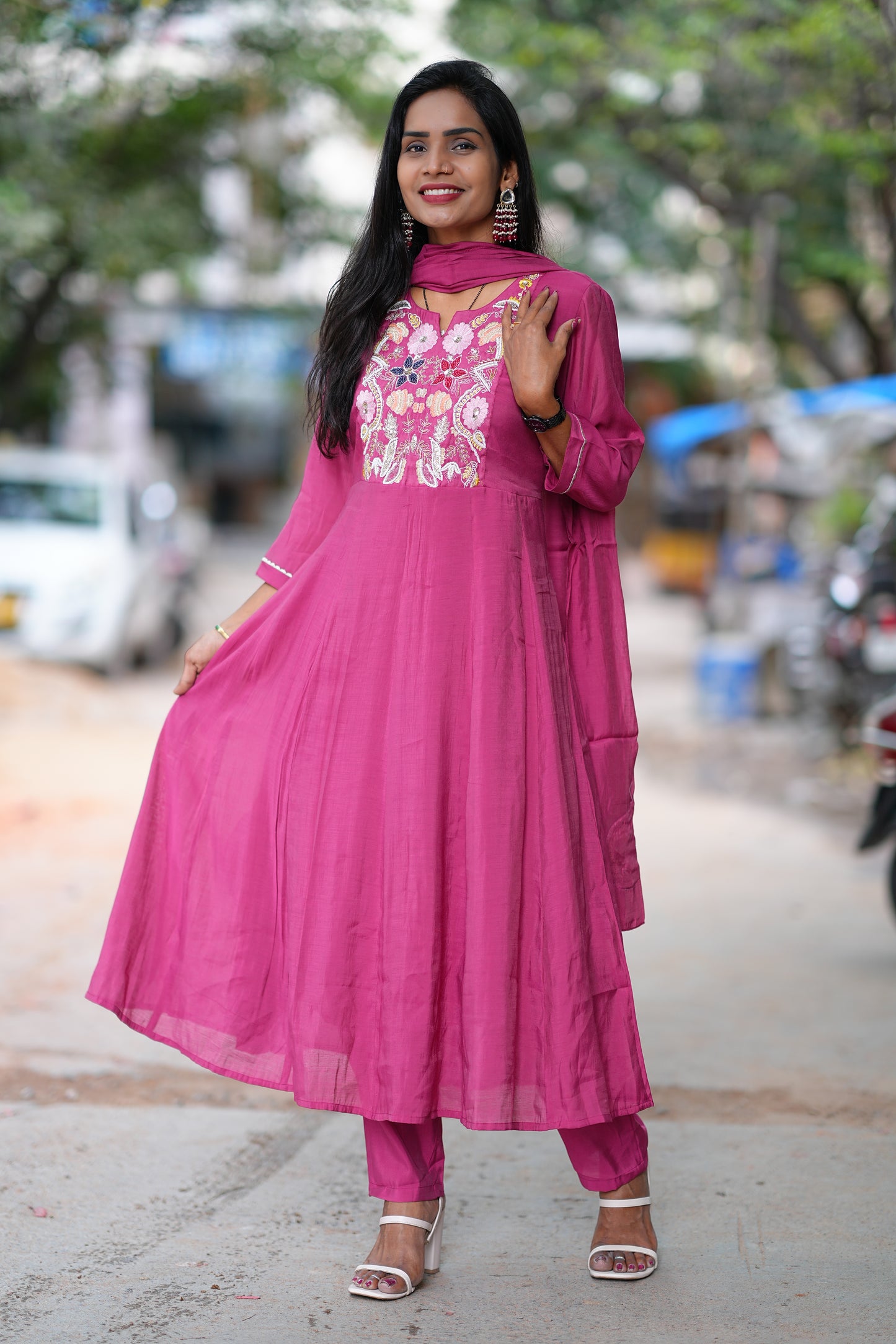 Onion Pink Mul Chanderi 3 Piece Set With Lining Lining