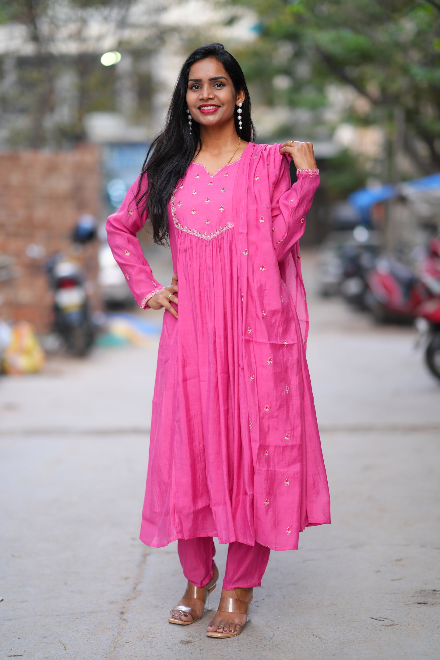 Pink Color Mul Chanderi 3 Piece Set With Gota Patti Work