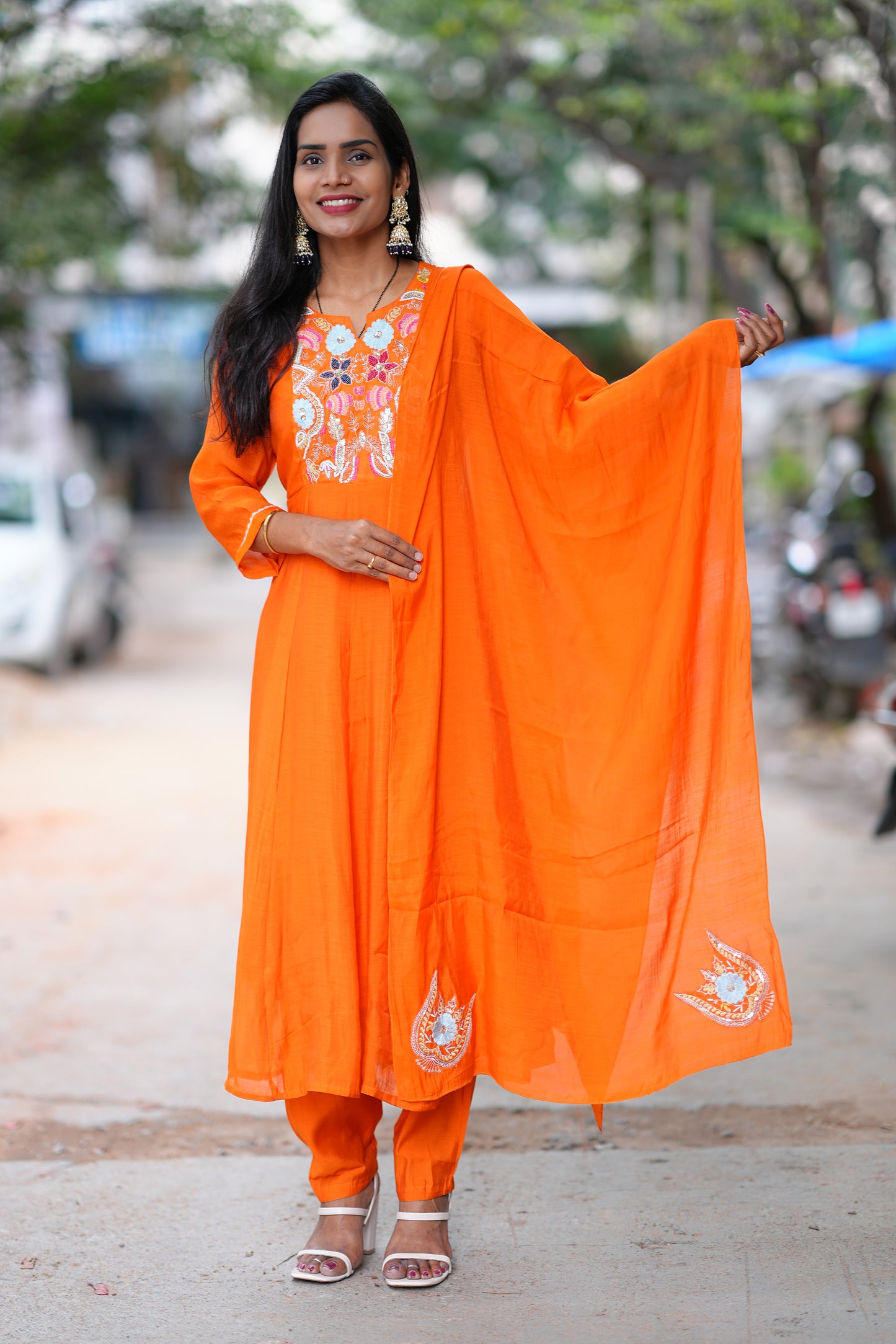 Orange Color Mul Chanderi 3 Piece Set With Lining Lining