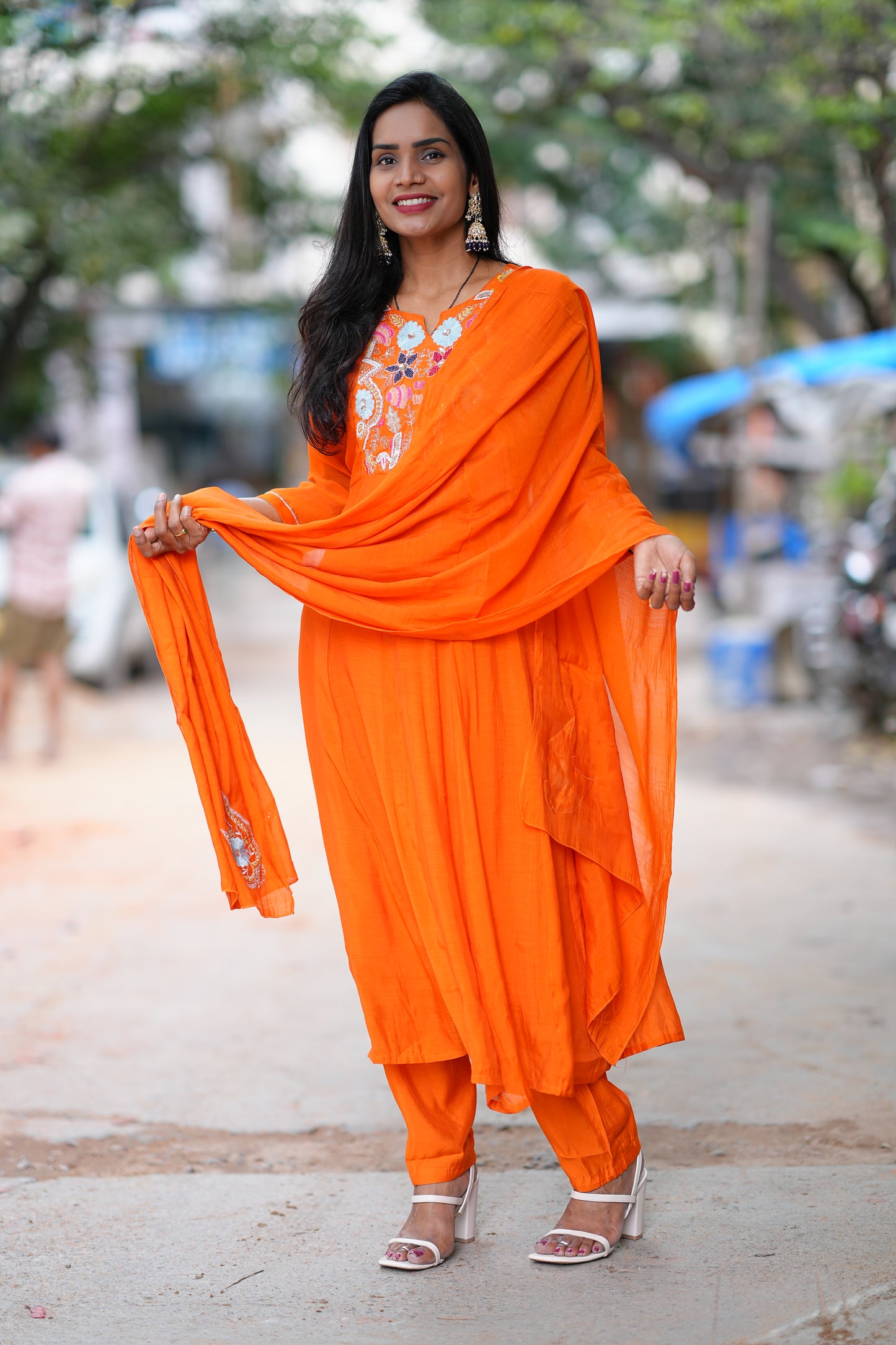 Orange Color Mul Chanderi 3 Piece Set With Lining Lining